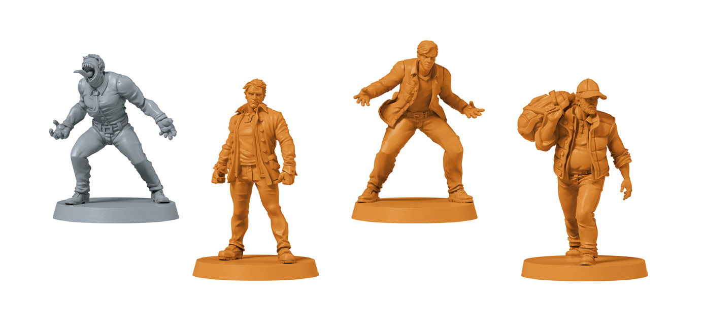 Vier Spielfiguren in verschiedenen Posen. Drei orangefarbene und eine graue. Alle Figuren haben einen Sockel.