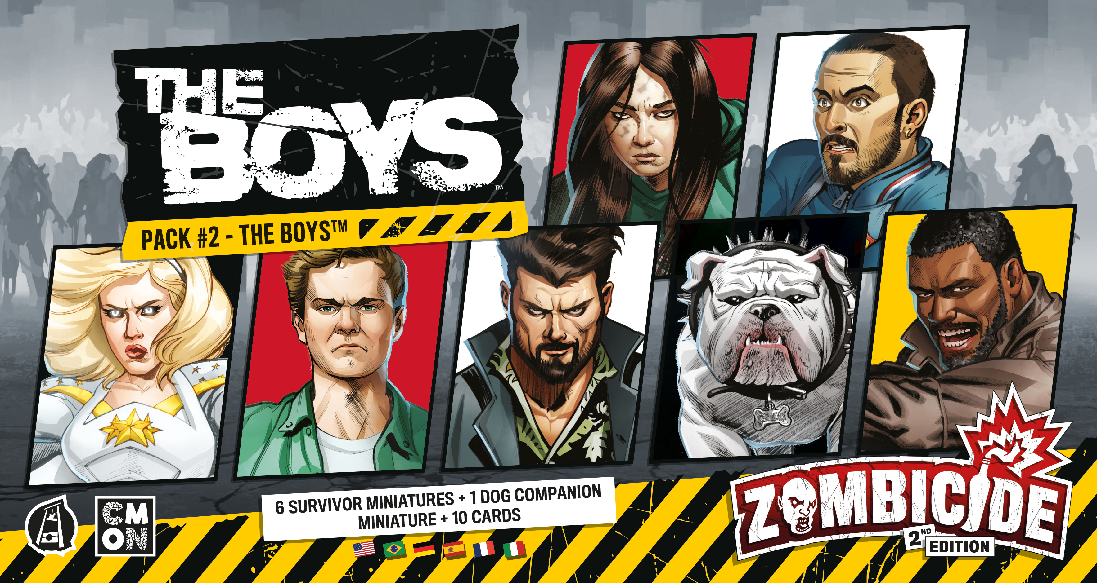 The Boys Zombicide Brettspielbox mit Charakterporträts und Text.