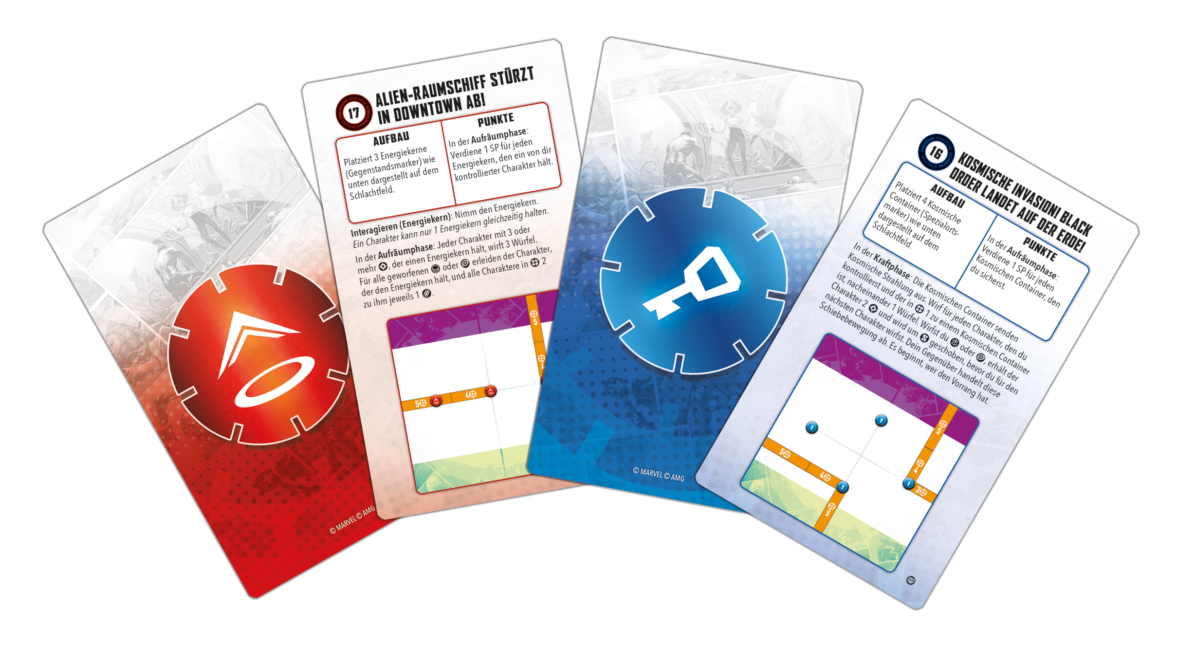 Vier Spielkarten mit unterschiedlichen Designs und Texten.