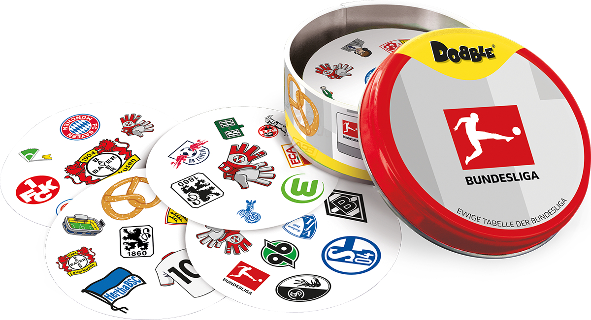 Dooble Bundesliga Spiel. Runder Behälter und Spielkarten mit Bundesliga-Logos.