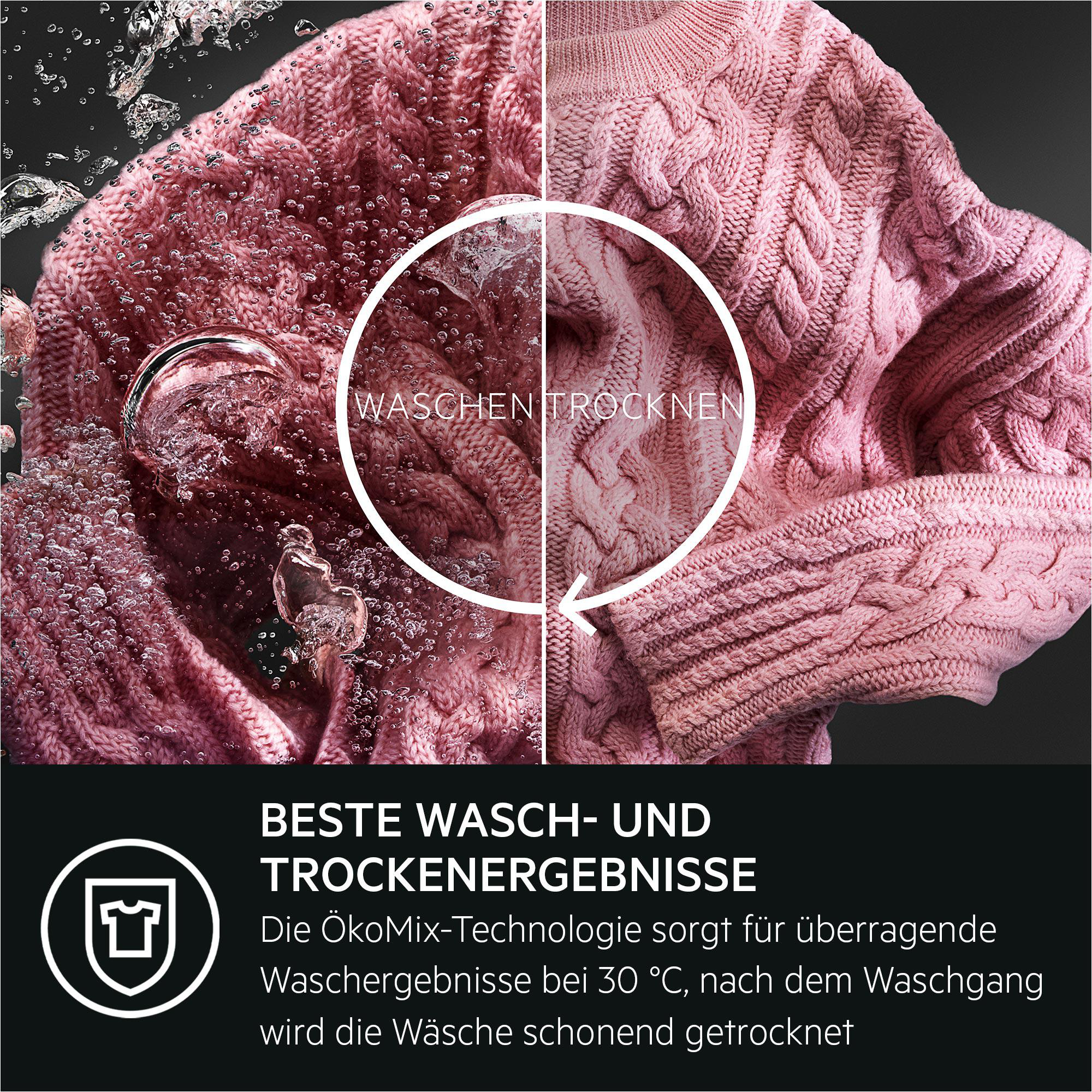 Bild zeigt Waschmaschine, die rosa Kleidung reinigt und trocknet. Text wird angezeigt.
