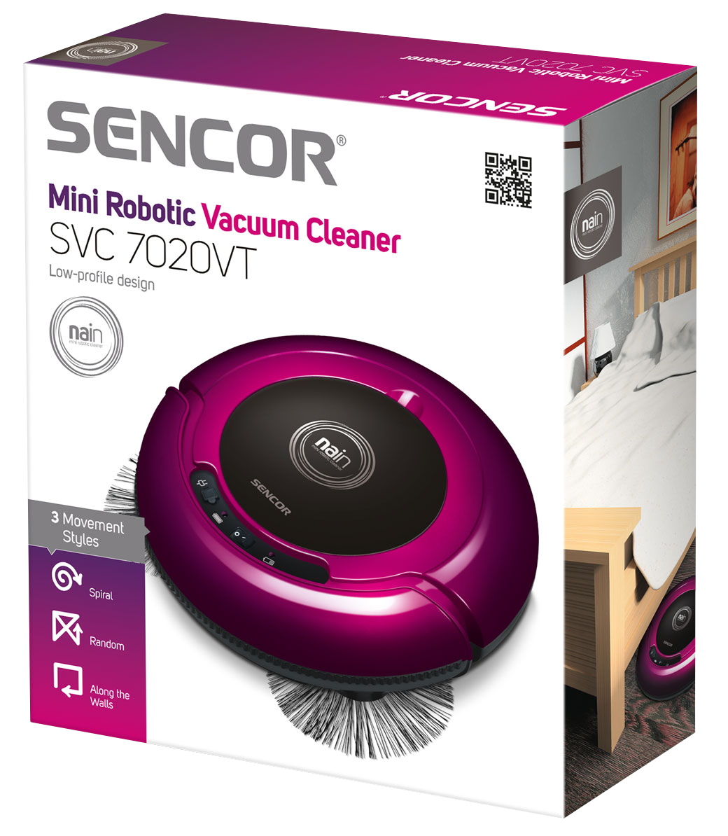 Egy rózsaszín robotporszívó doboza szöveggel.