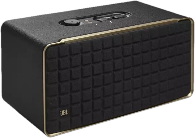 Zwarte JBL-luidspreker met een gouden rand. De luidspreker heeft een zwarte, getextureerde voorkant.