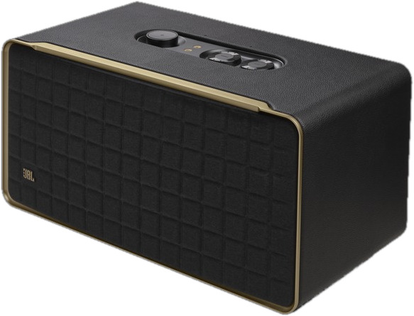 Zwarte JBL-luidspreker met gouden rand. Het heeft een gestructureerde voorkant.