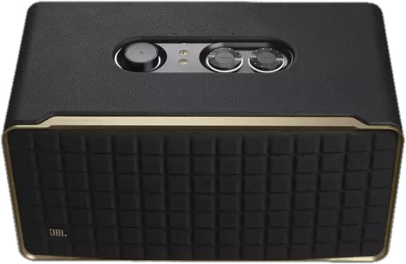 Een zwarte luidspreker met gouden afwerking en knoppen. Het JBL-logo staat linksonder.