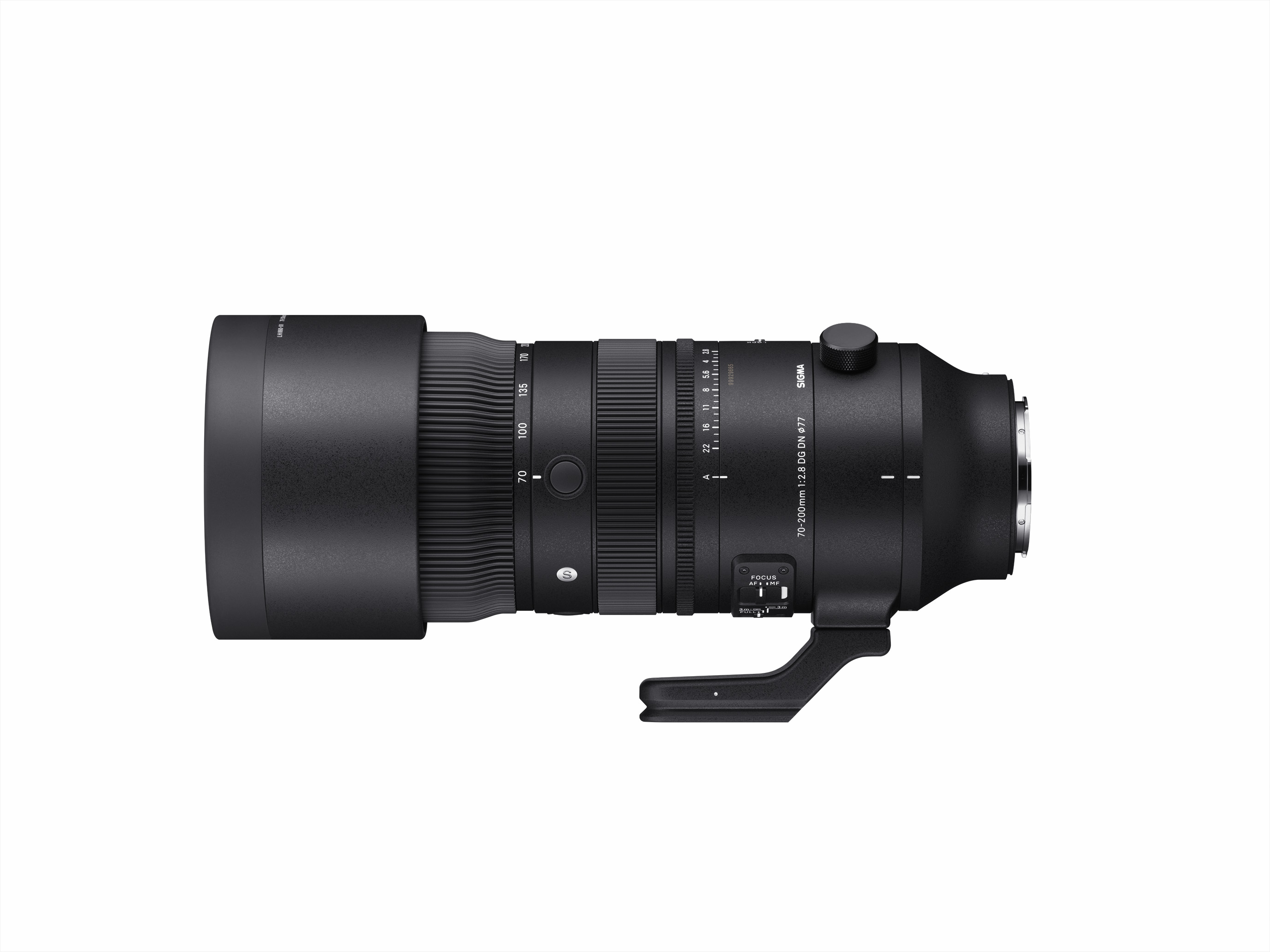 Ein schwarzes Sigma 70-200mm f/2.8 DG DN Objektiv, Seitenansicht, auf weißem Hintergrund.