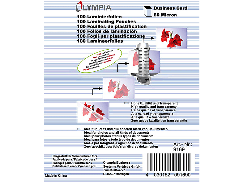 OLYMPIA névjegykártya méretű lamináló fólia, 80 micron, átlátszó, 100 db, 65 x 95mm (9169)
