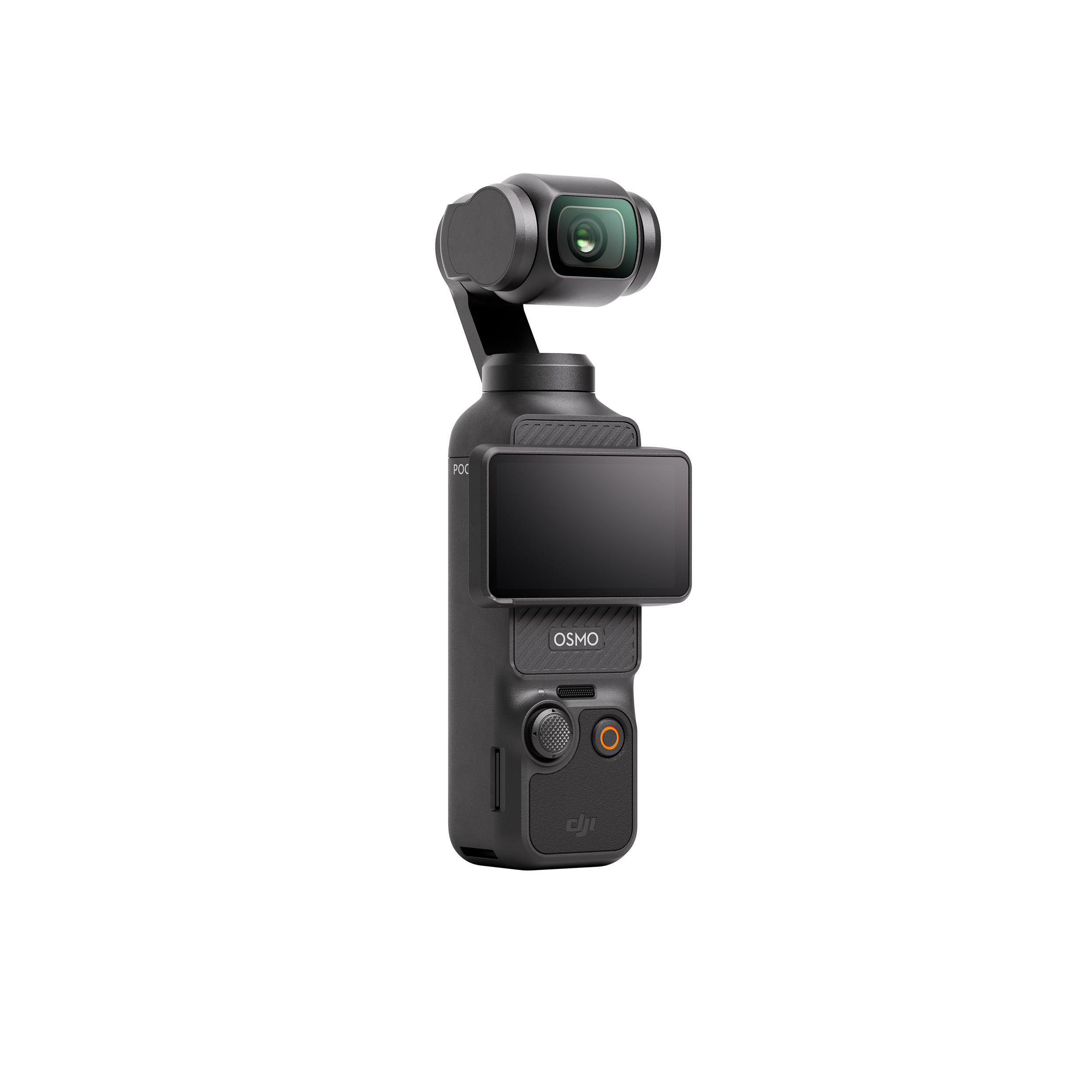 Siyah Osmo Pocket kamera. Ekranı, lensi ve düğmeleri var. Modern ve kompakt tasarım.