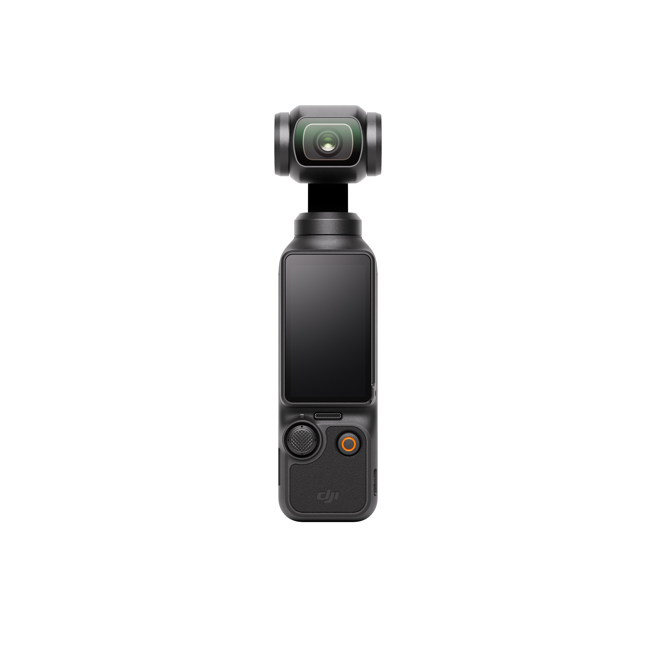 Ekranı, iki düğmesi ve üstte bir lensi olan siyah bir DJI Pocket 2 kamera.