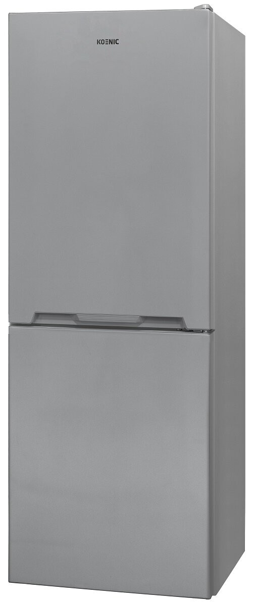 Srebrna lodówka Koenic, dwudrzwiowa, na białym tle.