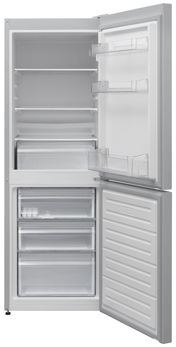 Otwarta srebrna lodówka z półkami i szufladami.