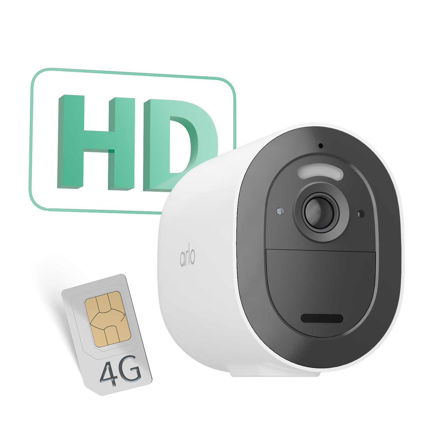 Telecamera di sicurezza bianca con scheda SIM 4G e logo HD, isolata su bianco.