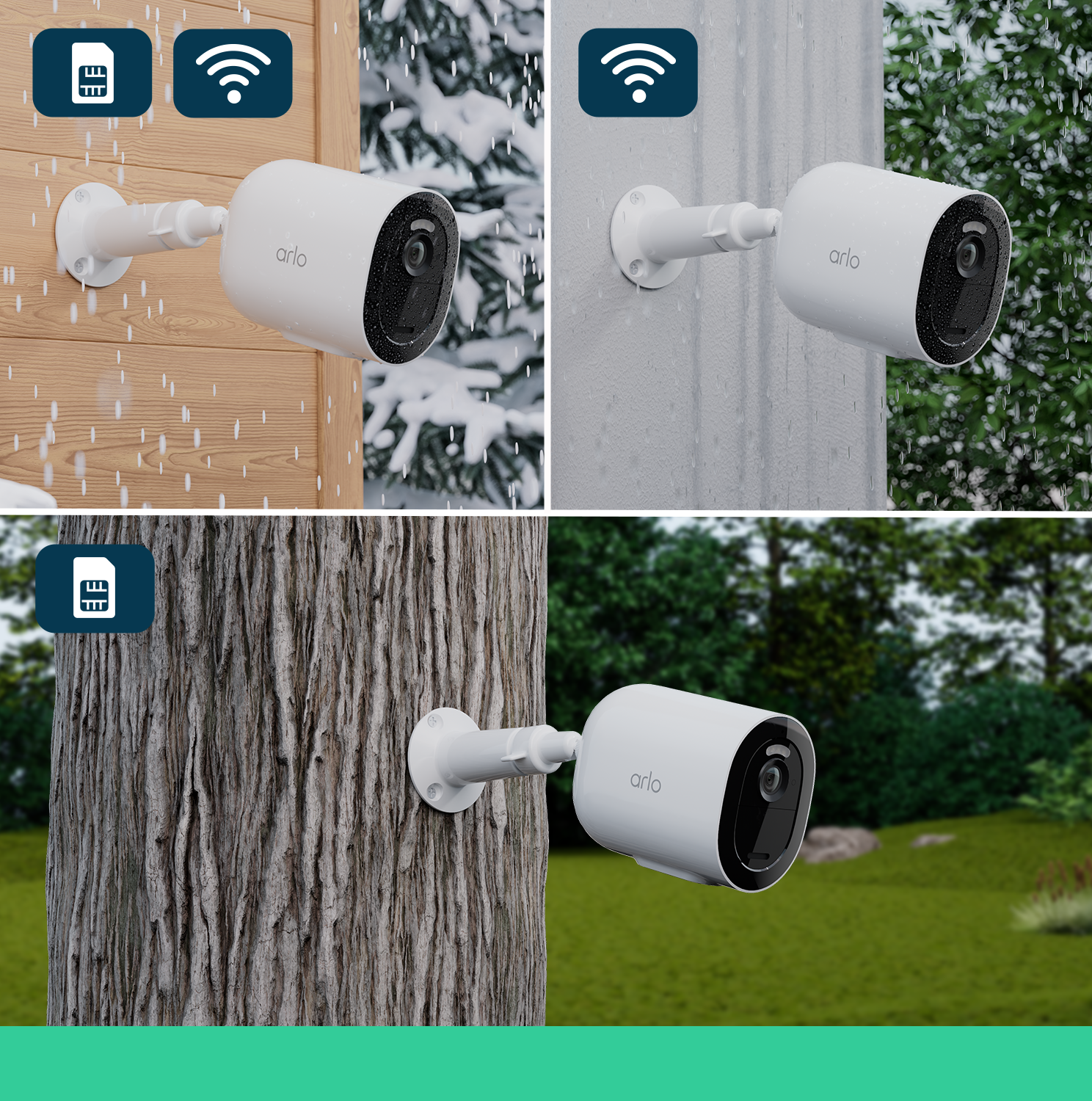 Multiple telecamere di sicurezza Arlo montate su varie superfici.