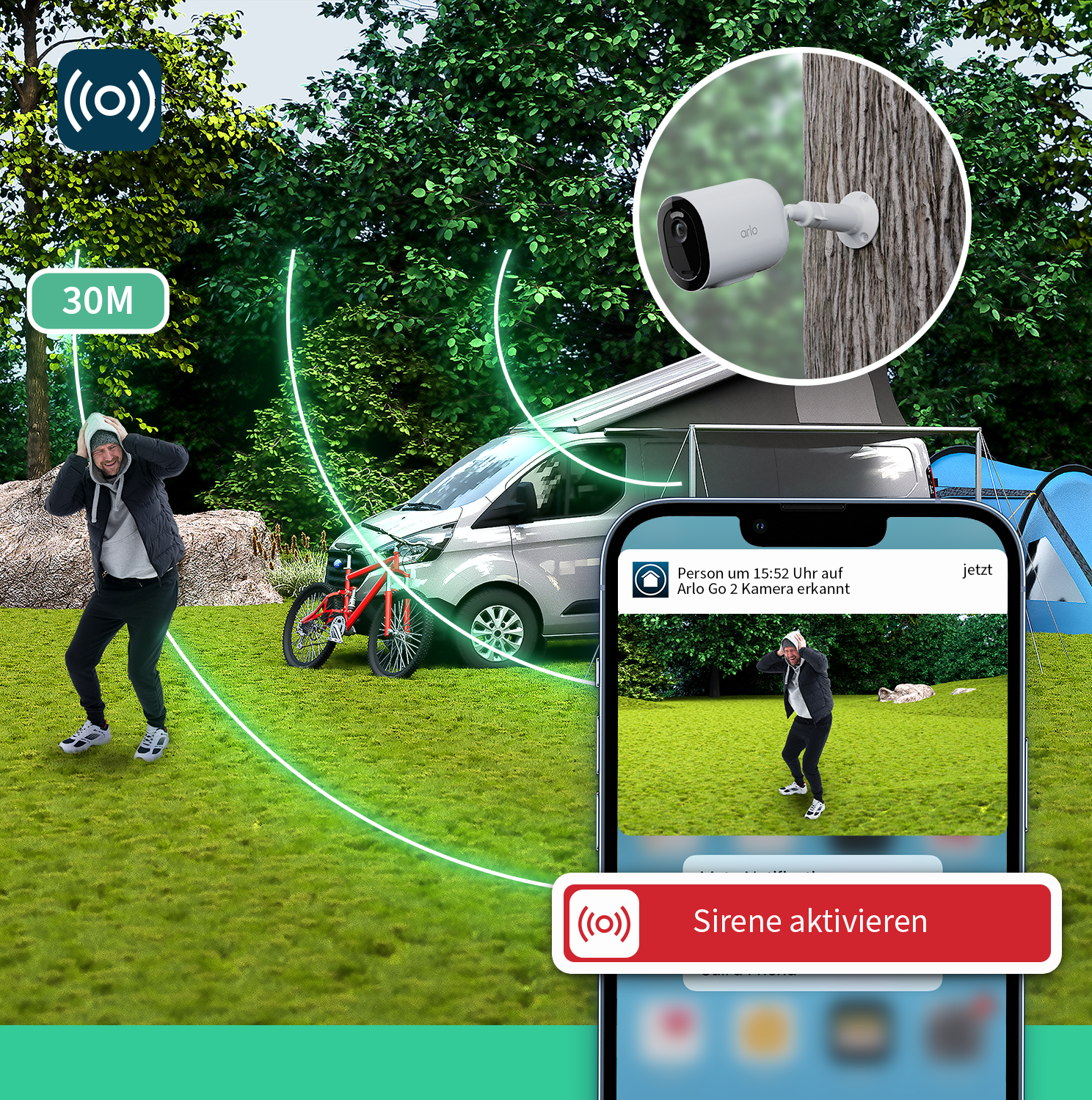 Scena con telefono che mostra una persona, un'auto e una telecamera di sicurezza.