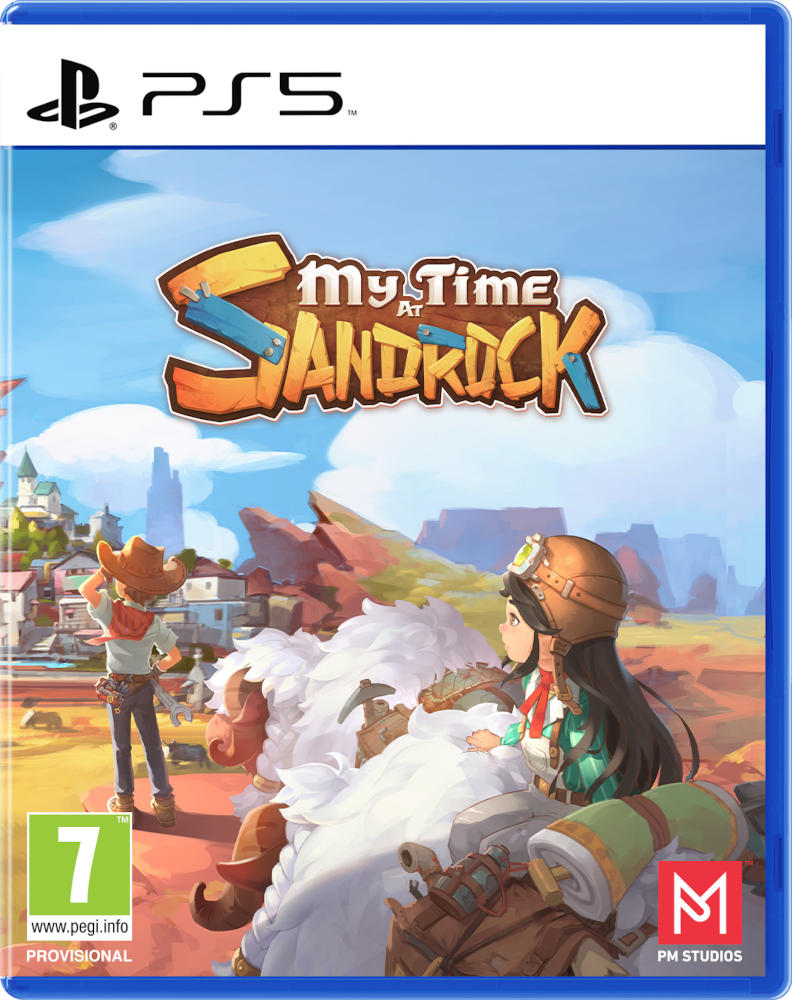 A My Time at Sandrock játék borítója. Egy cowboy és egy lány egy bolyhos állaton lovagol, a háttérben egy sivatagi várossal.