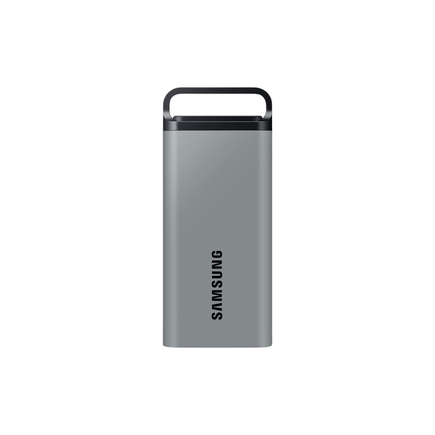 Clé USB Samsung argentée avec poignée noire, sur fond noir.