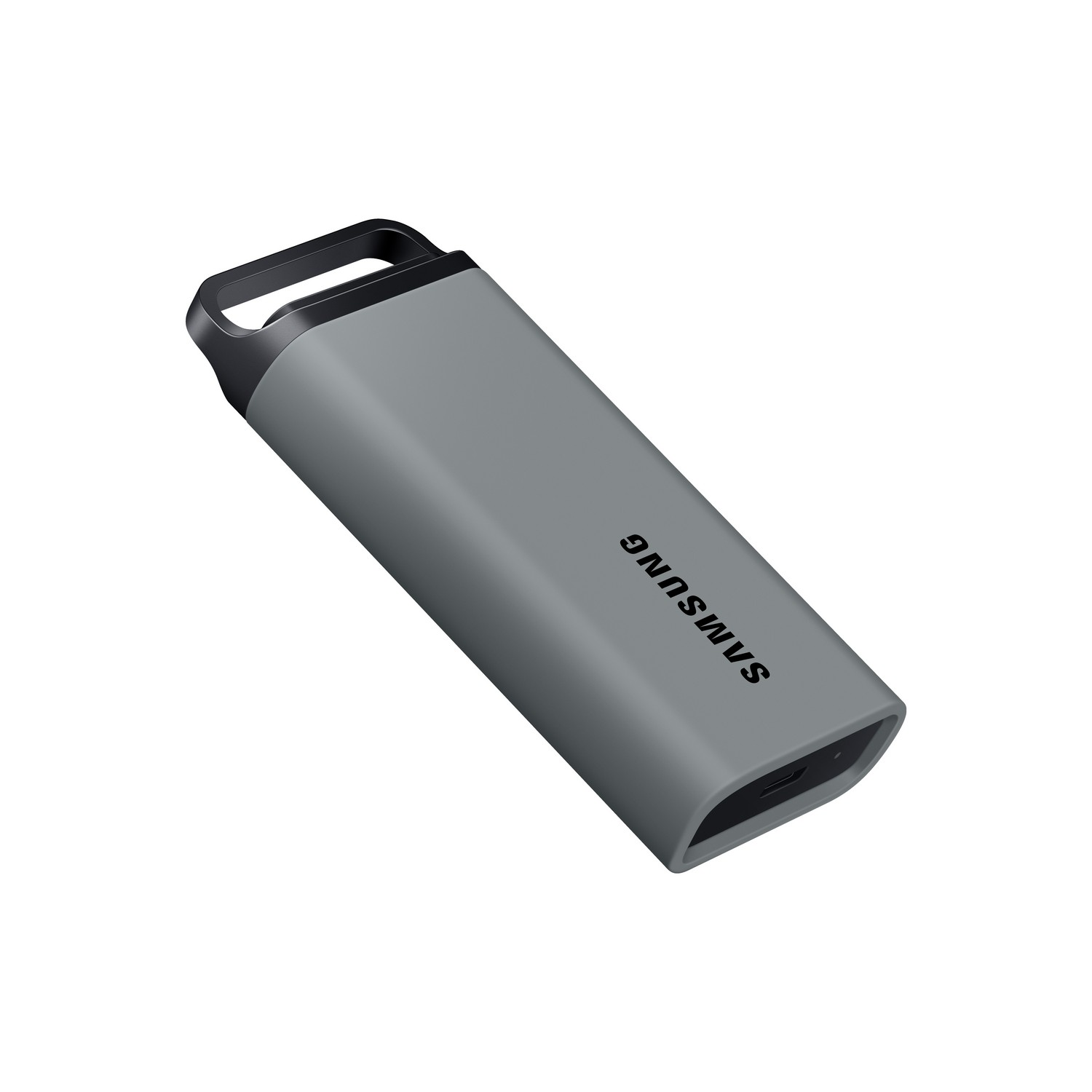 Clé USB grise avec une boucle noire sur le dessus. Logo Samsung imprimé sur le côté.