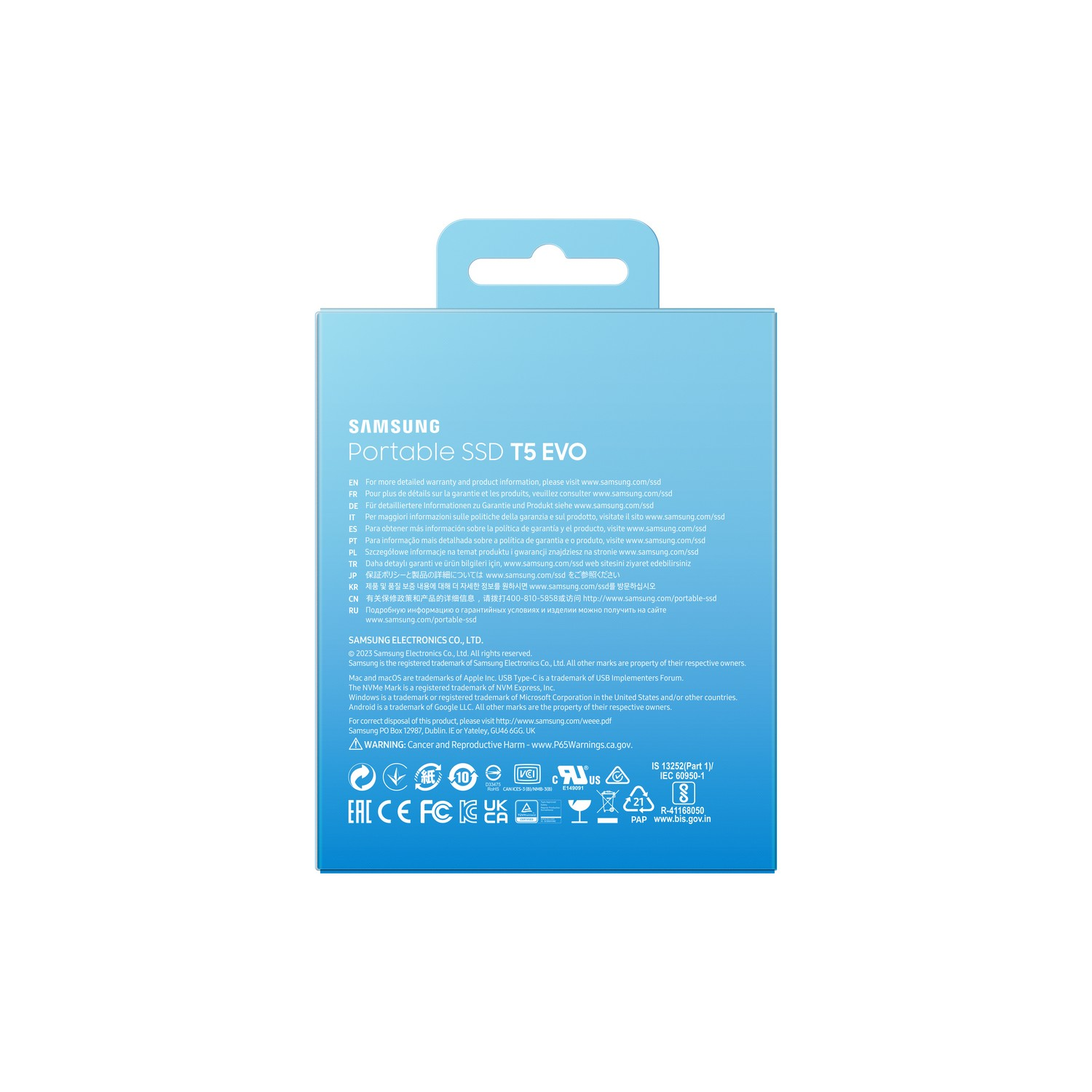 Une boîte blanche avec le logo Samsung et les informations sur le produit imprimées dessus.