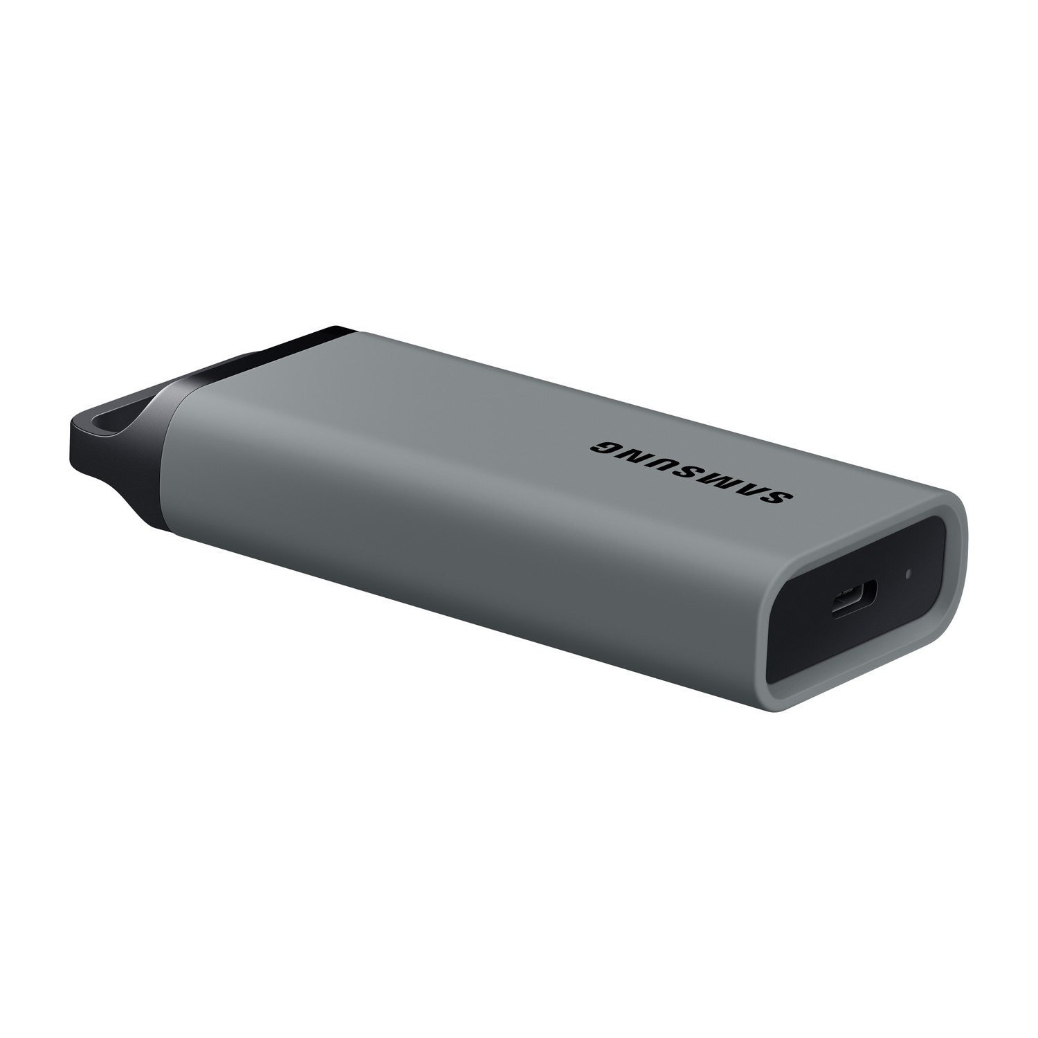 Disque dur externe Samsung gris, rectangulaire, avec un port USB-C.