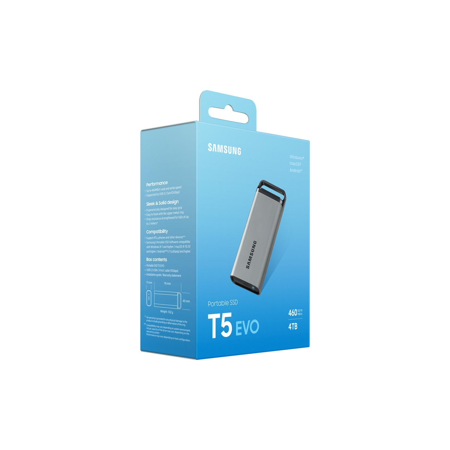 Une boîte de SSD portable Samsung T5 EVO avec un lecteur à l'intérieur, sur fond blanc.
