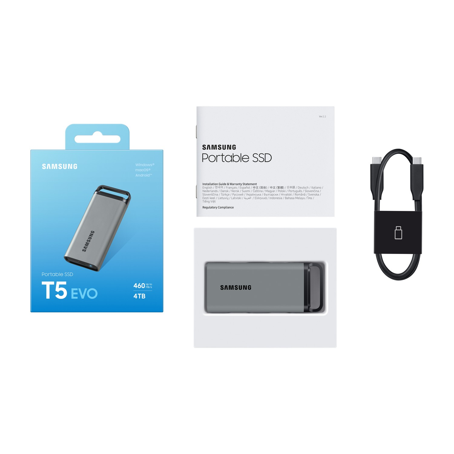 Un SSD portable avec emballage et un câble de connexion.