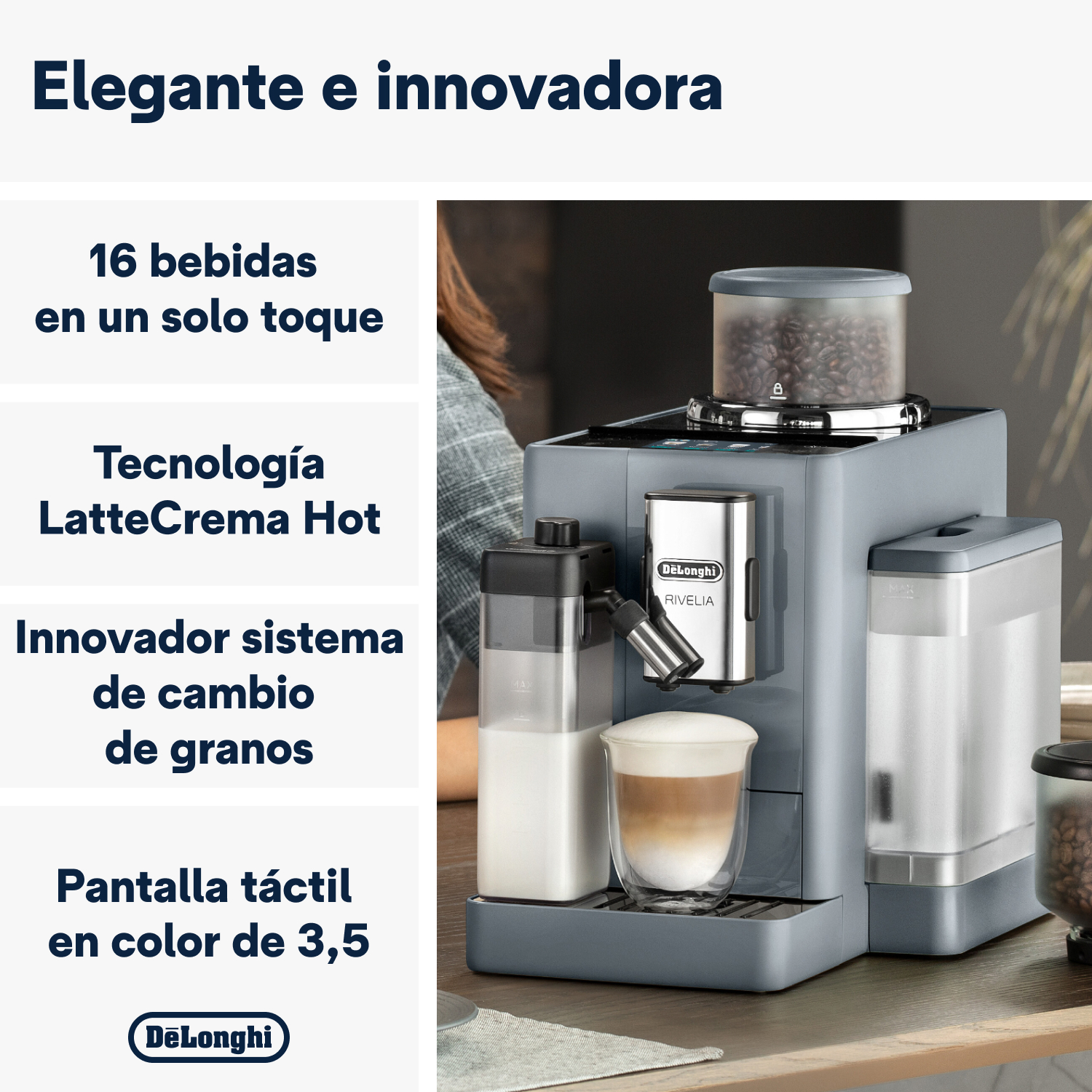 Máquina de café con texto: 16 bebidas en un solo toque, LatteCrema Hot Tech.