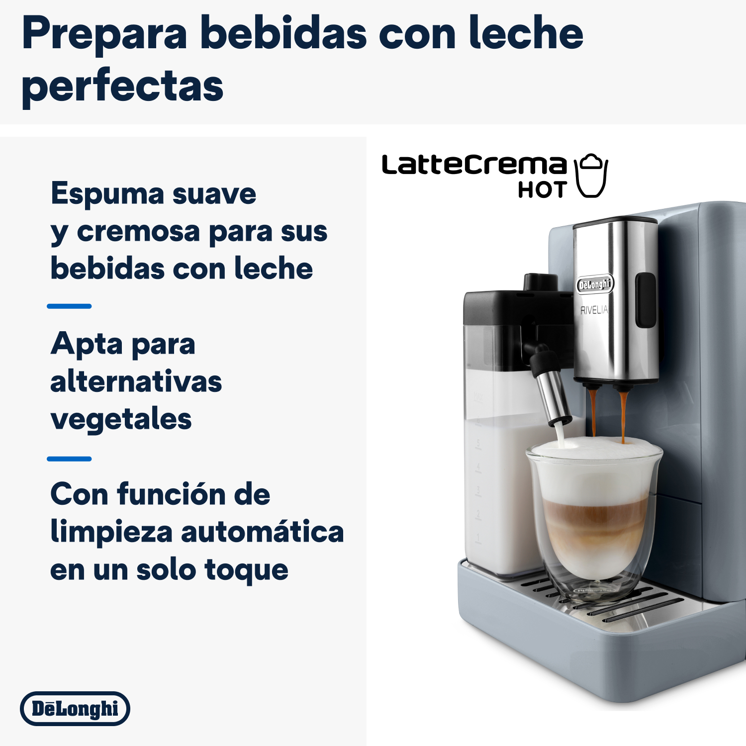 Una máquina de espresso preparando un latte con texto sobre bebidas a base de leche.
