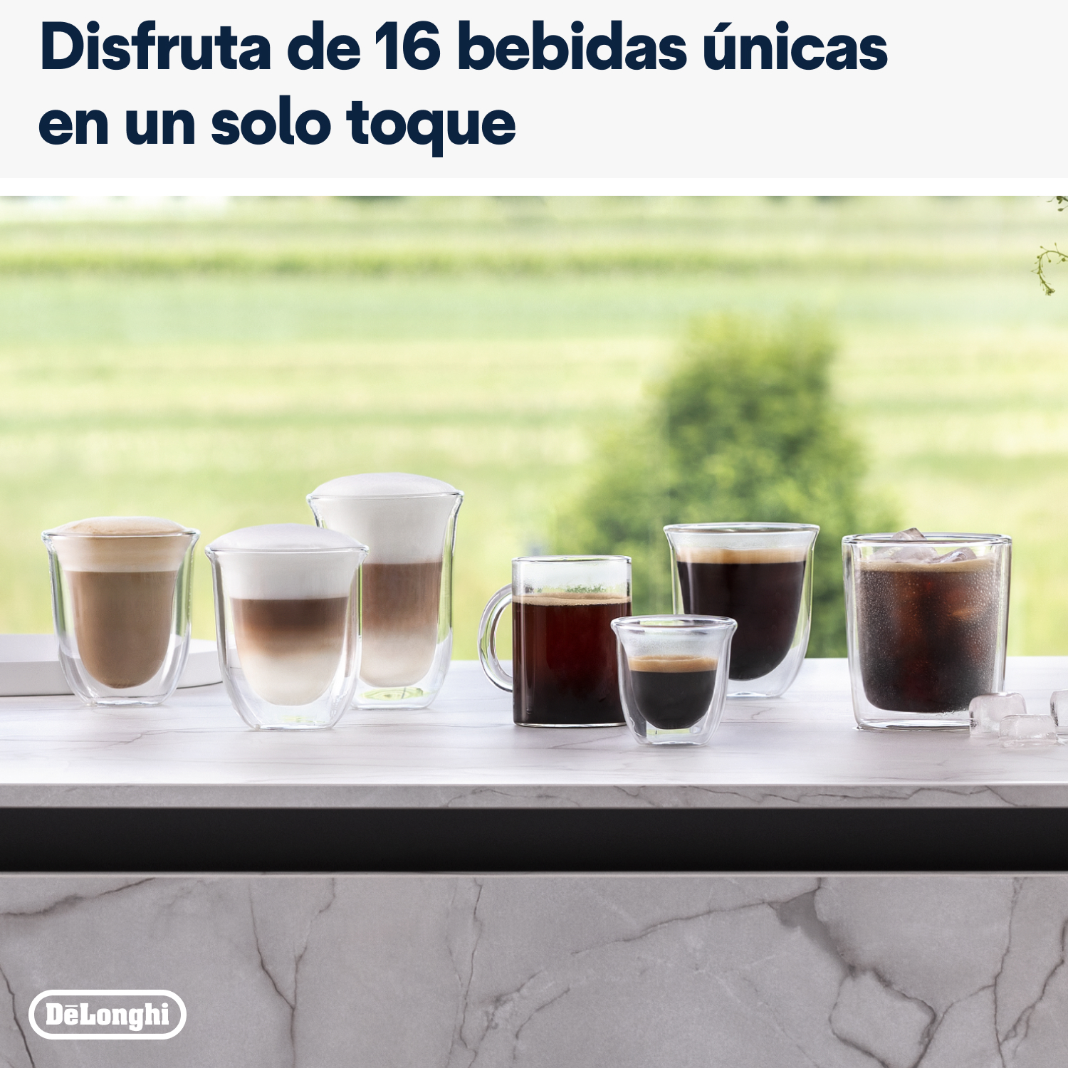 Varias bebidas de café en vasos de vidrio. Un ventanal y árboles verdes al fondo.