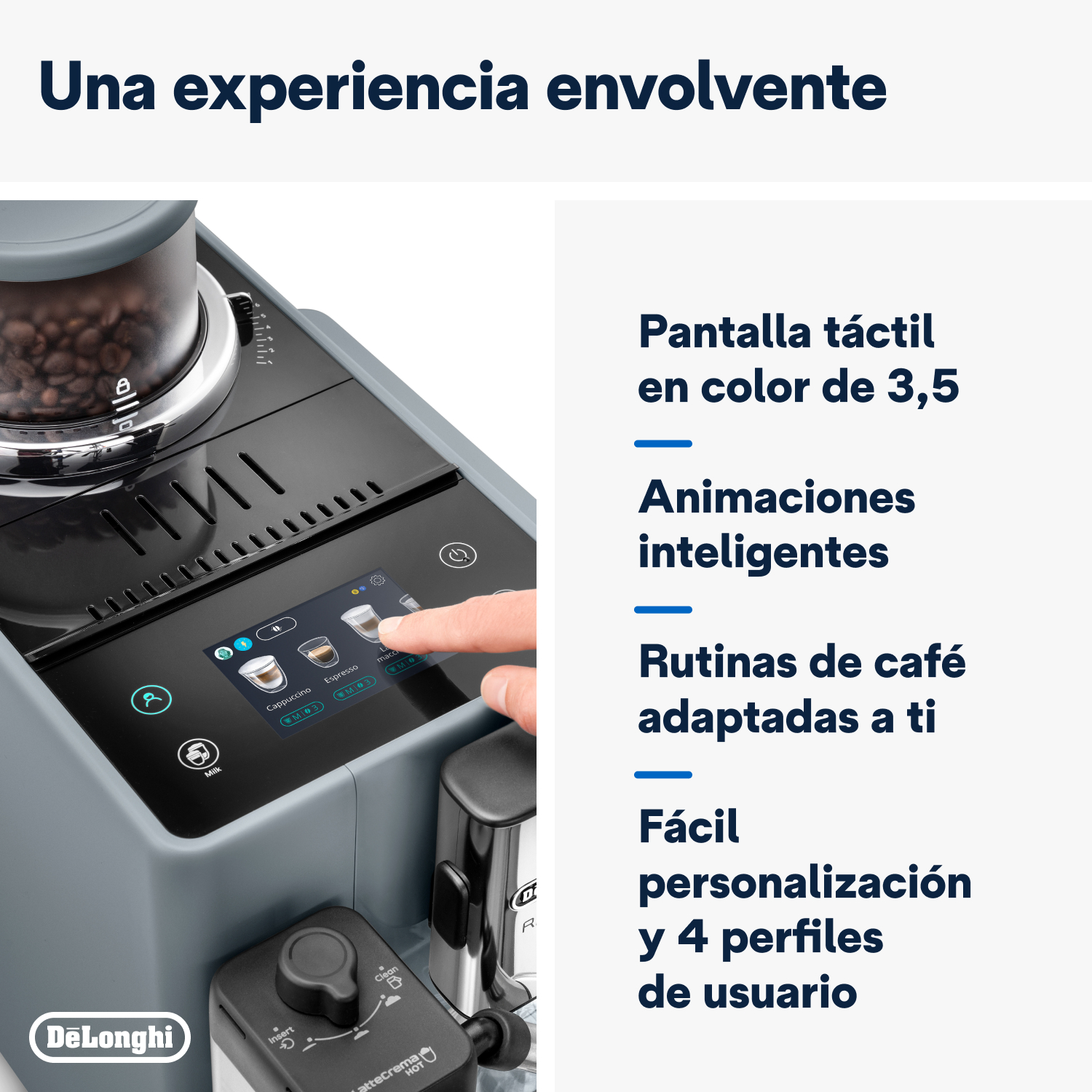 Primer plano de una cafetera, con pantalla táctil y mano tocándola.