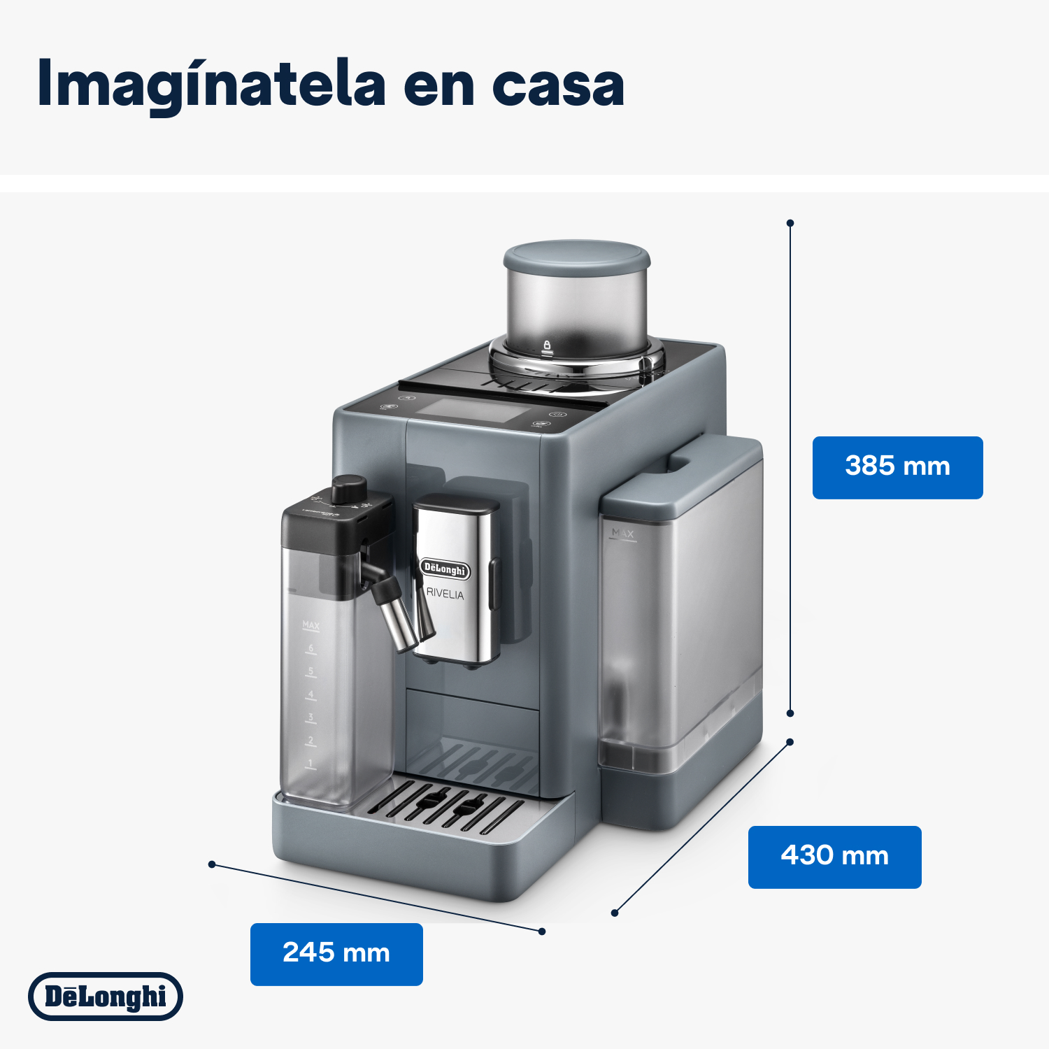 Cafetera gris con dimensiones en mm. Texto: Imagínatela en casa.