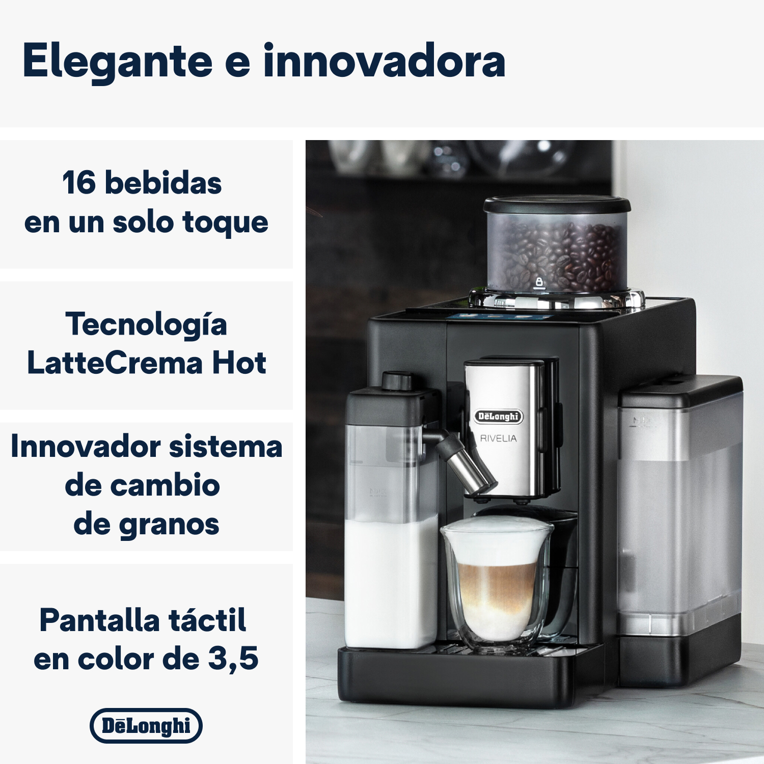 Cafetera DeLonghi con depósito de leche y depósito de granos de café integrados. Texto a la izquierda.