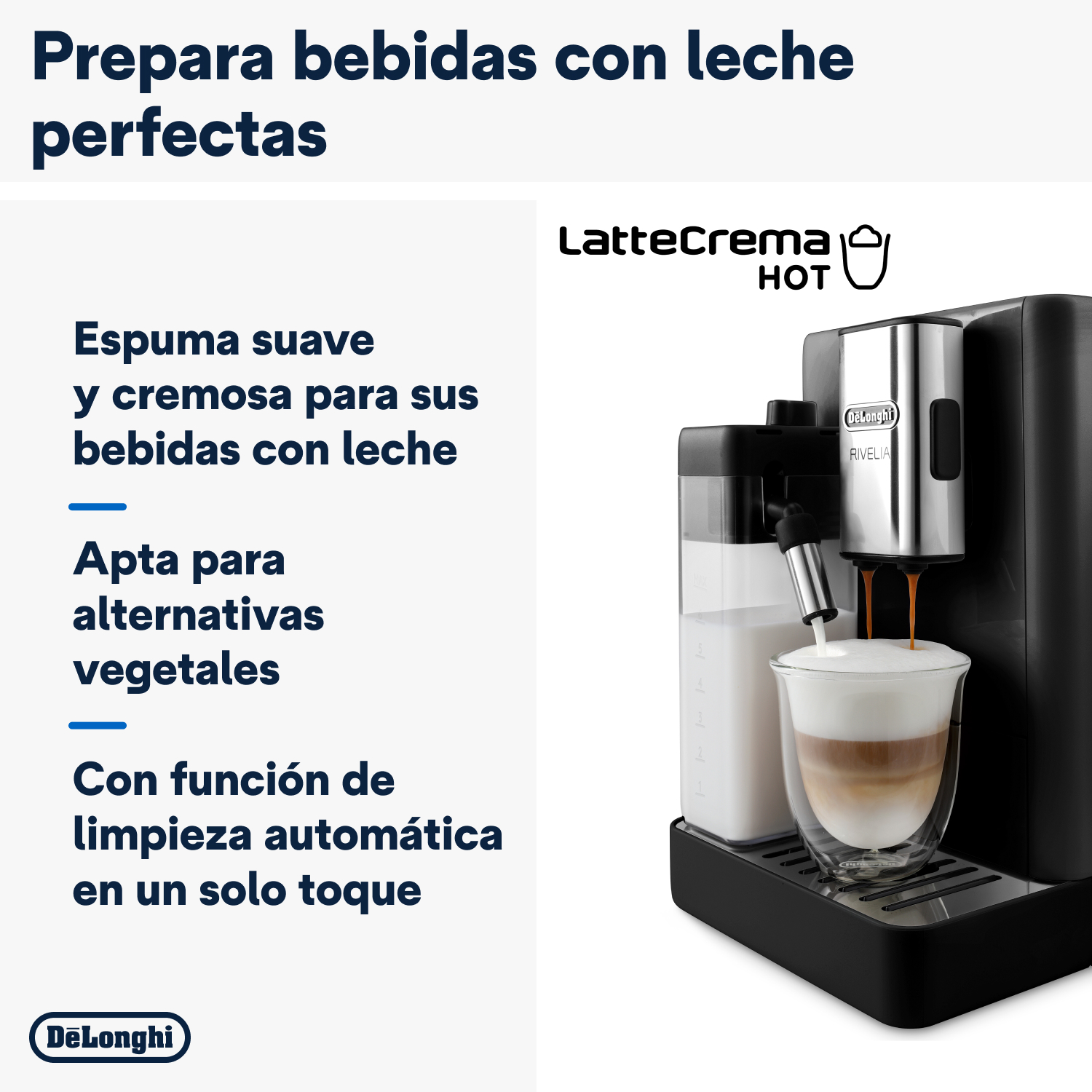 Una cafetera vertiendo café en un vaso, con texto sobre bebidas con leche.