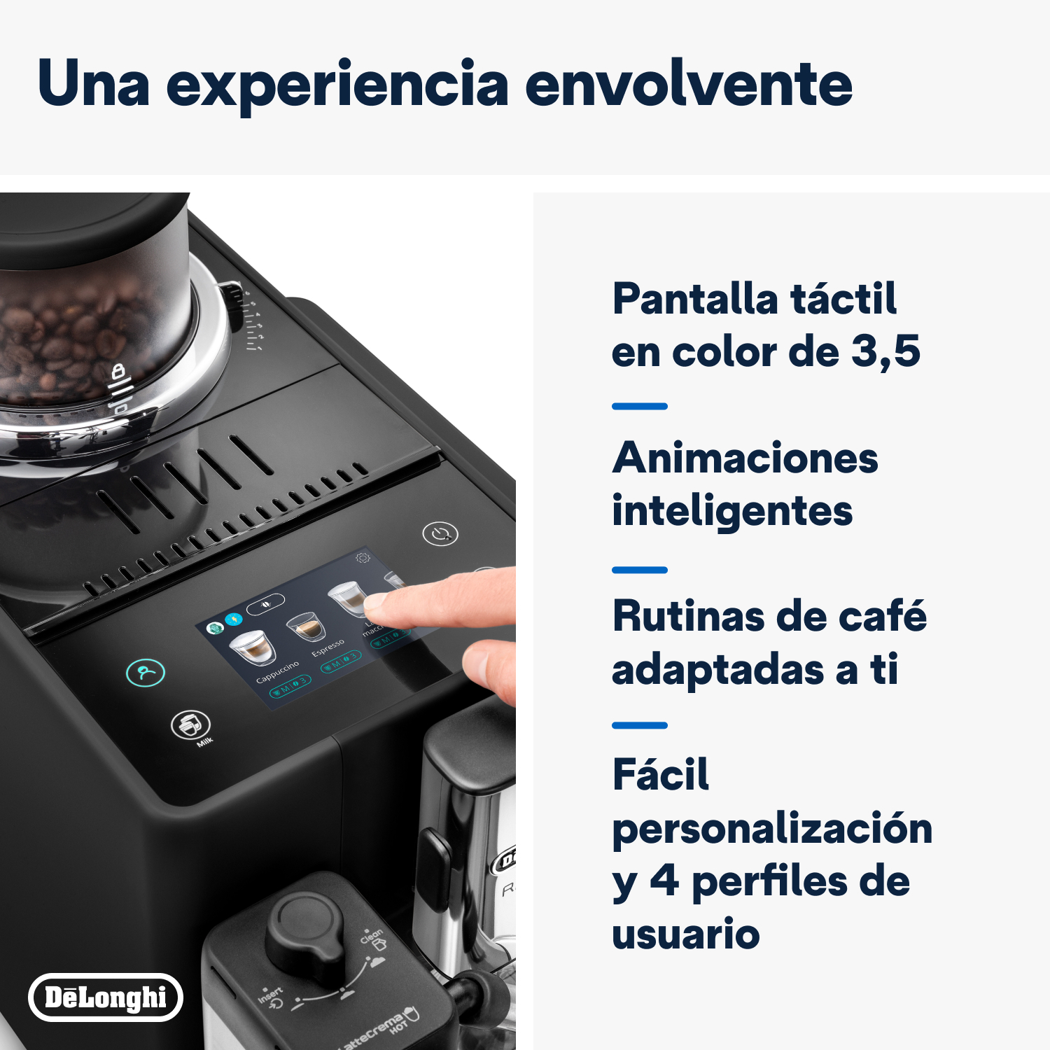 Se está utilizando la pantalla táctil de una cafetera, con texto que describe las funciones.