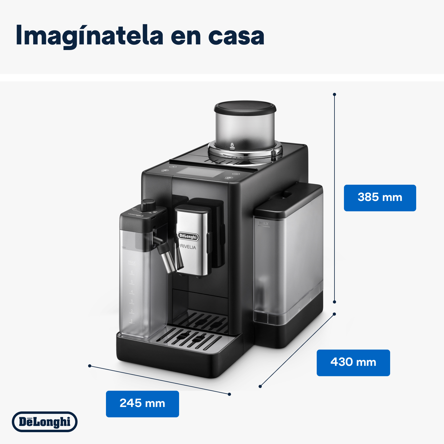 Cafetera negra con depósitos de agua, dimensiones mostradas y listadas.