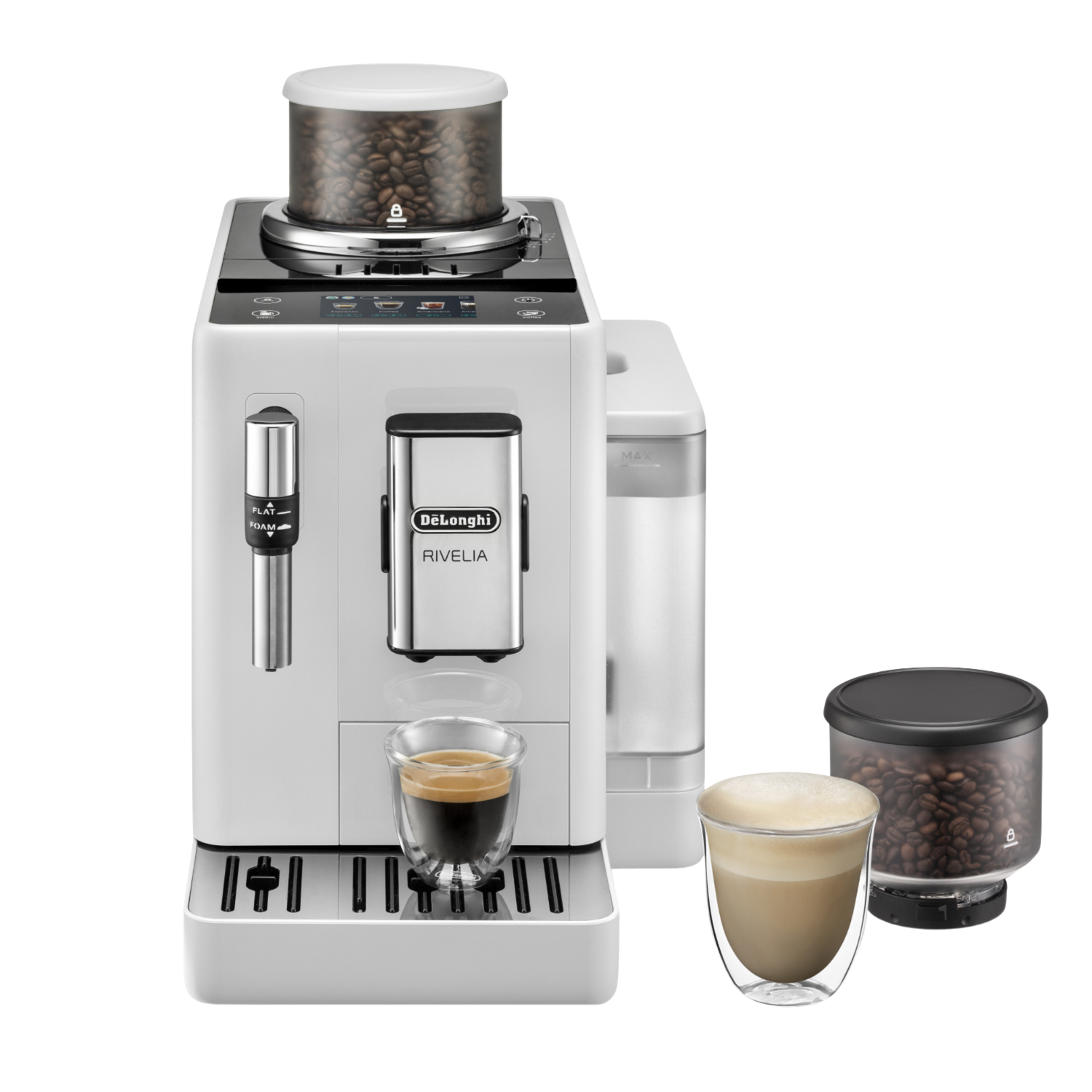 Máquina de café blanca con granos, dos tazas de café.