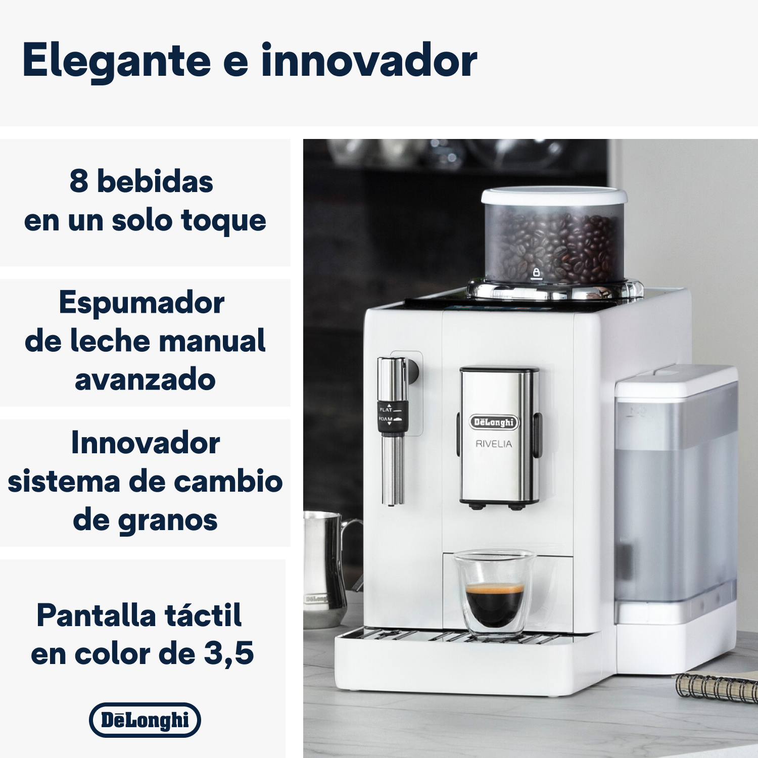 Dispositivo blanco con correa marrón sobre fondo blanco, mostrando el lateral del dispositivo.