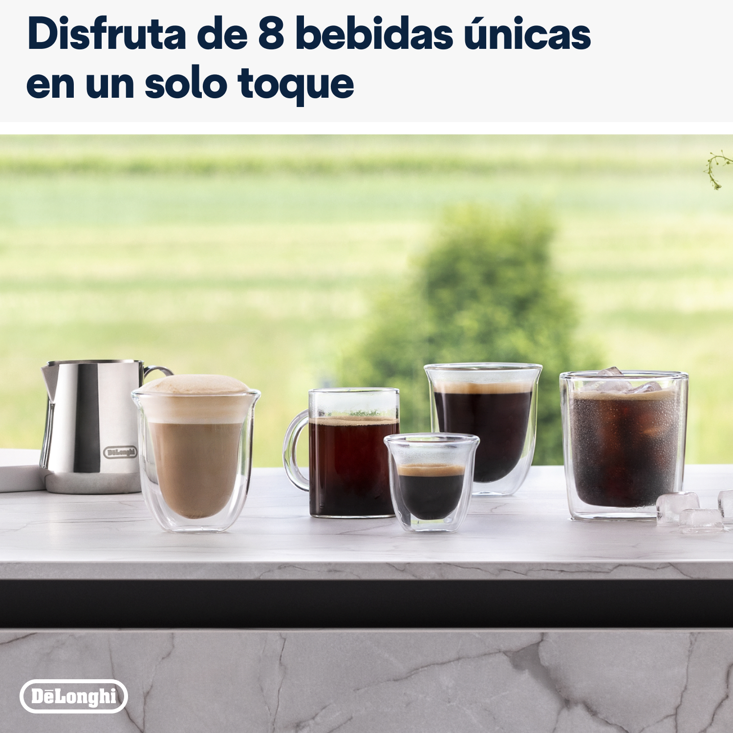 Mesa con varias bebidas en vasos, texto en español y fondo verde.