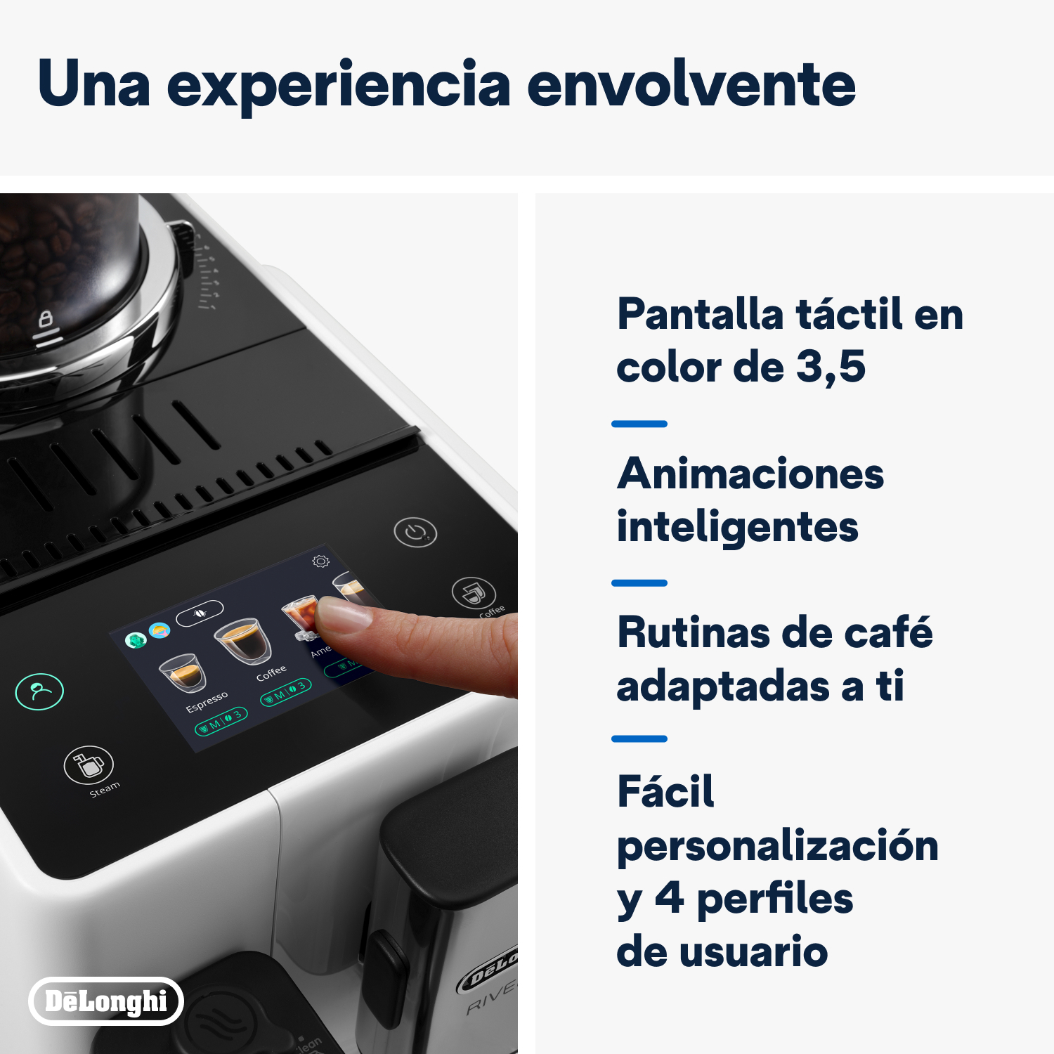 Interfaz de una cafetera que muestra las opciones Espresso, Café y Americano. Panel de pantalla táctil.
