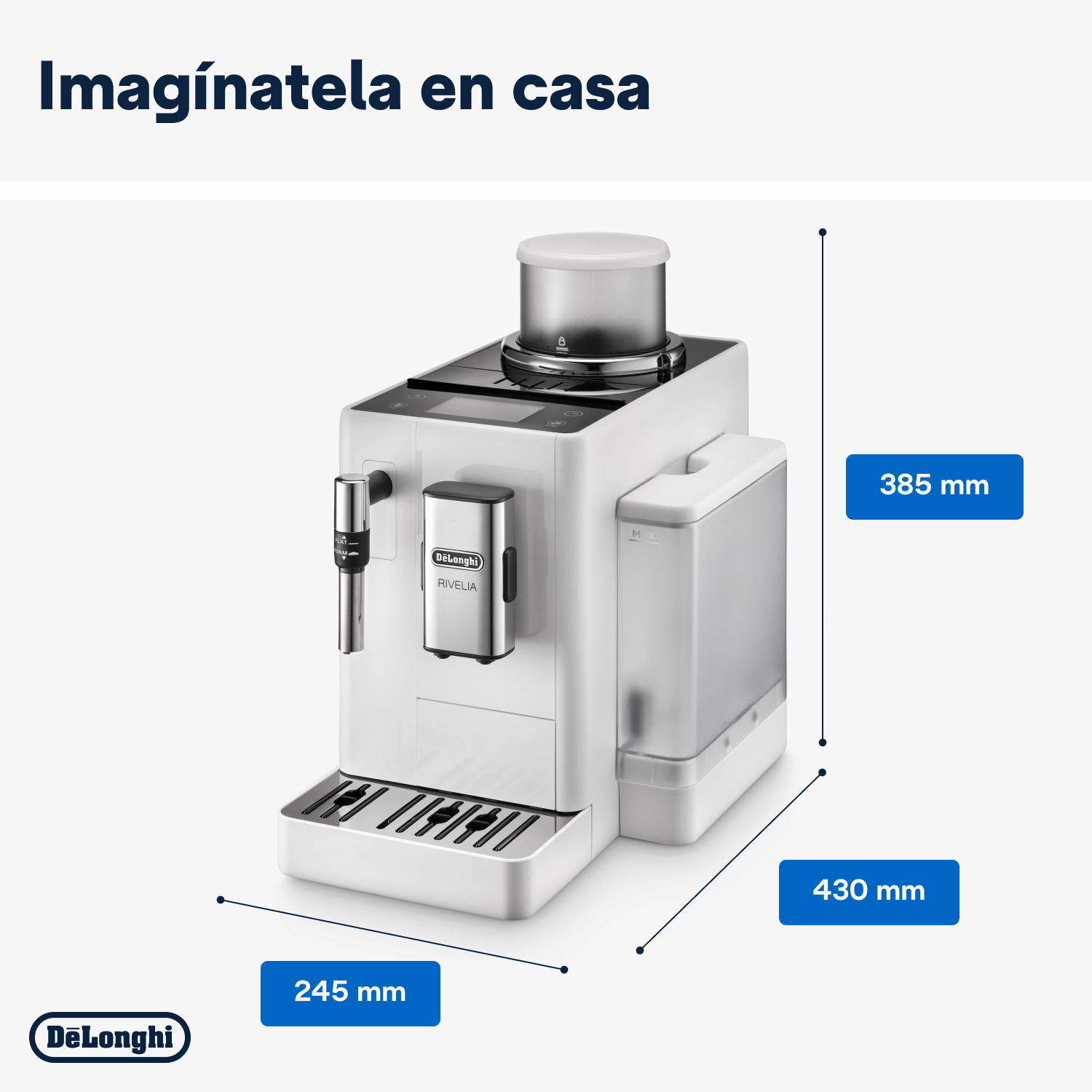 Cafetera blanca con dimensiones: 245 mm, 385 mm y 430 mm. Se ve la marca DeLonghi.