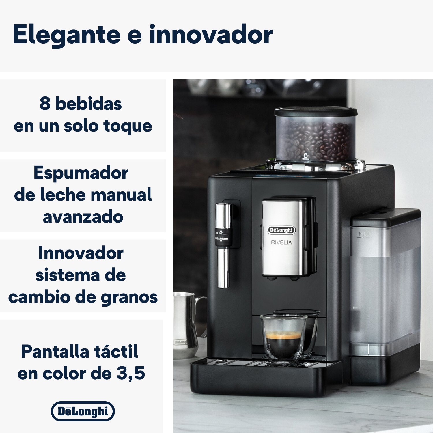 Una cafetera DeLonghi negra. Son visibles etiquetas de texto y una taza de café.