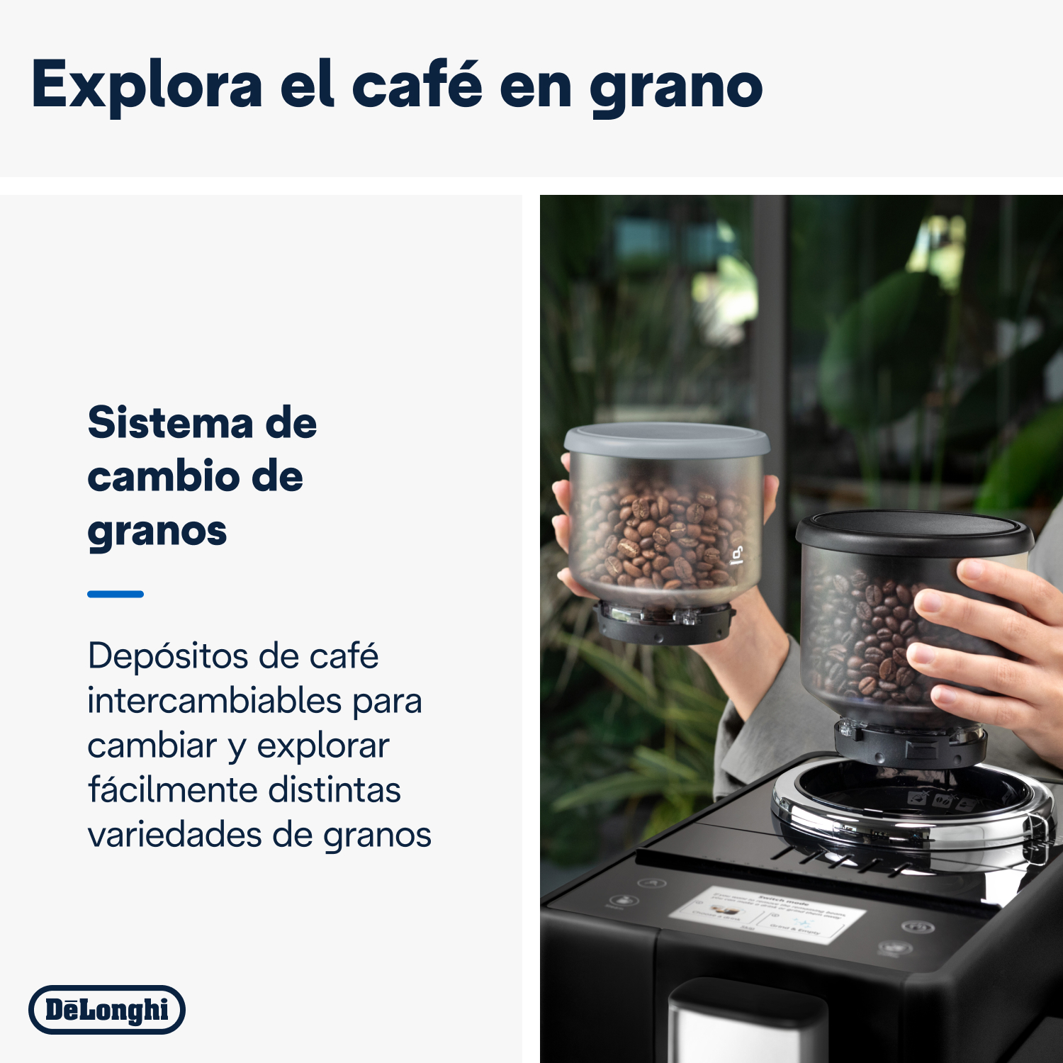 Persona sosteniendo granos de café, mostrando la cafetera.