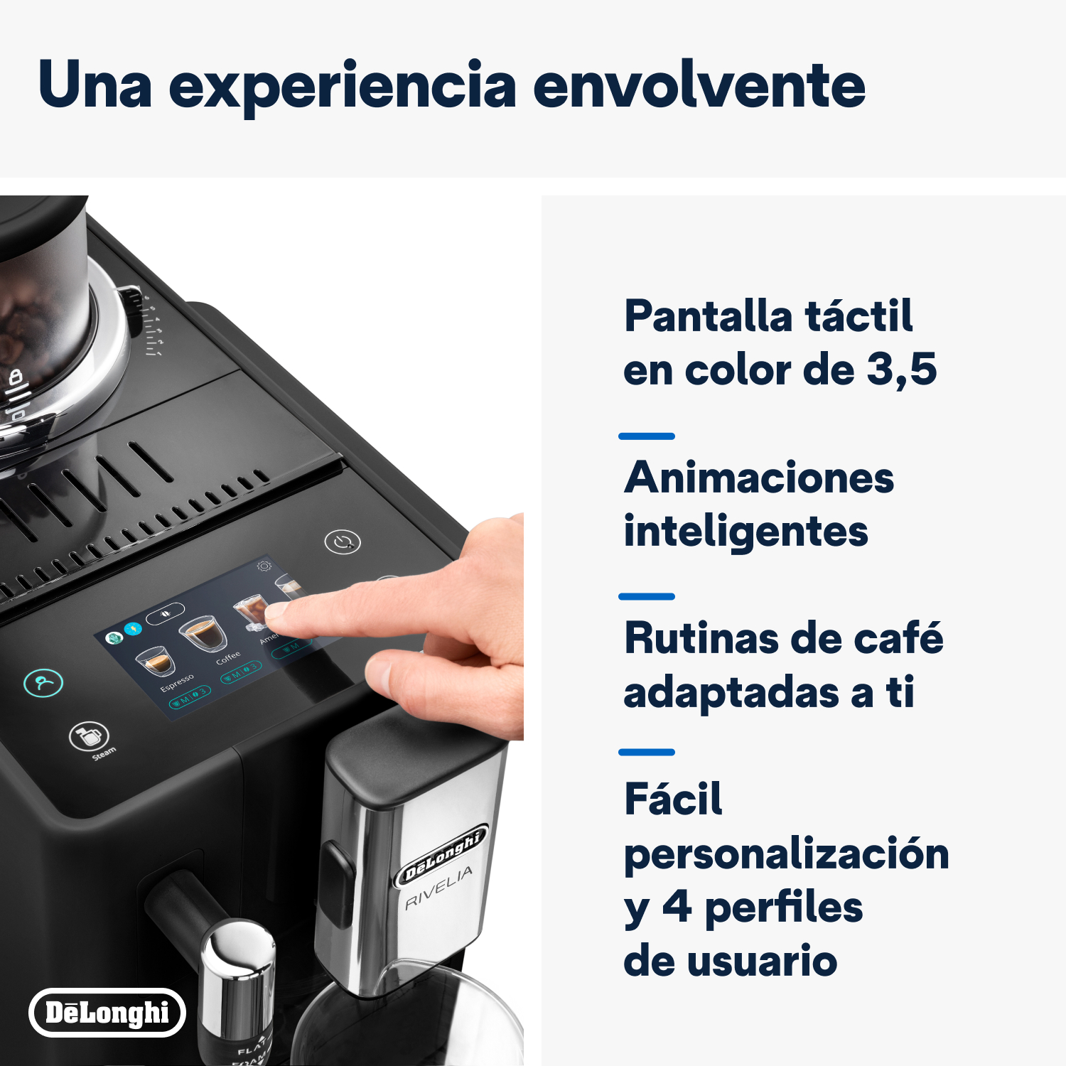 Cafetera negra con pantalla táctil. Texto en pantalla y una mano la toca.