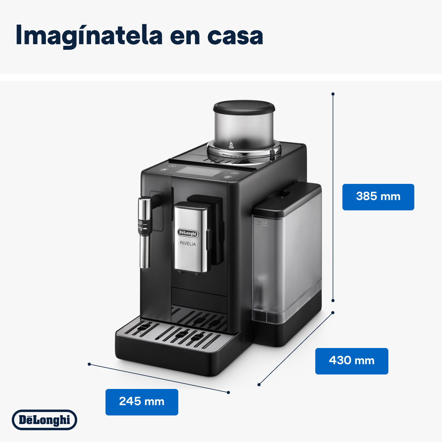 Cafetera negra y plateada con dimensiones etiquetadas: 245 mm, 430 mm y 385 mm. Marca DeLonghi.