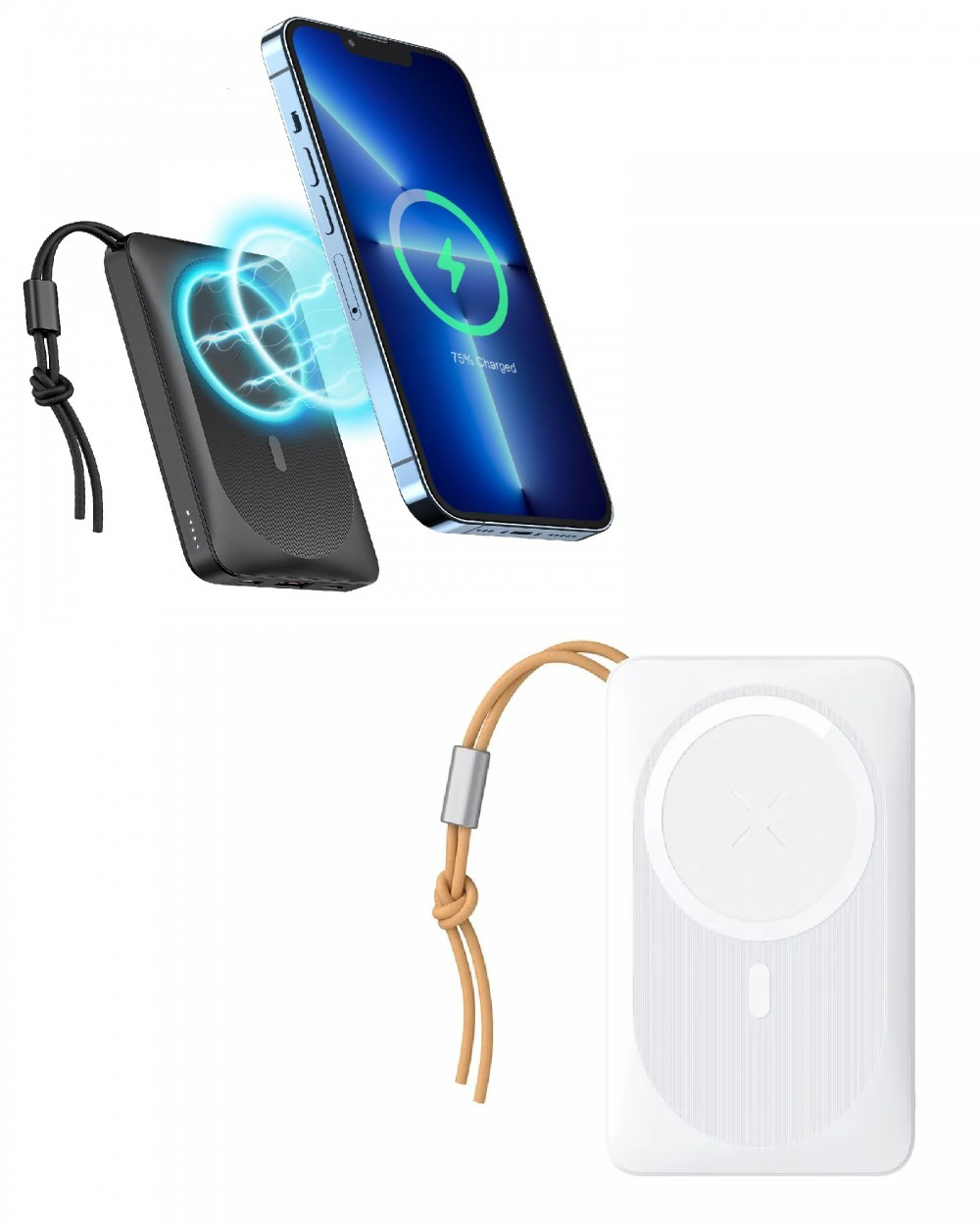 Telefon vezeték nélkül töltődik power bankon. Kék töltés ikon a telefon képernyőjén.