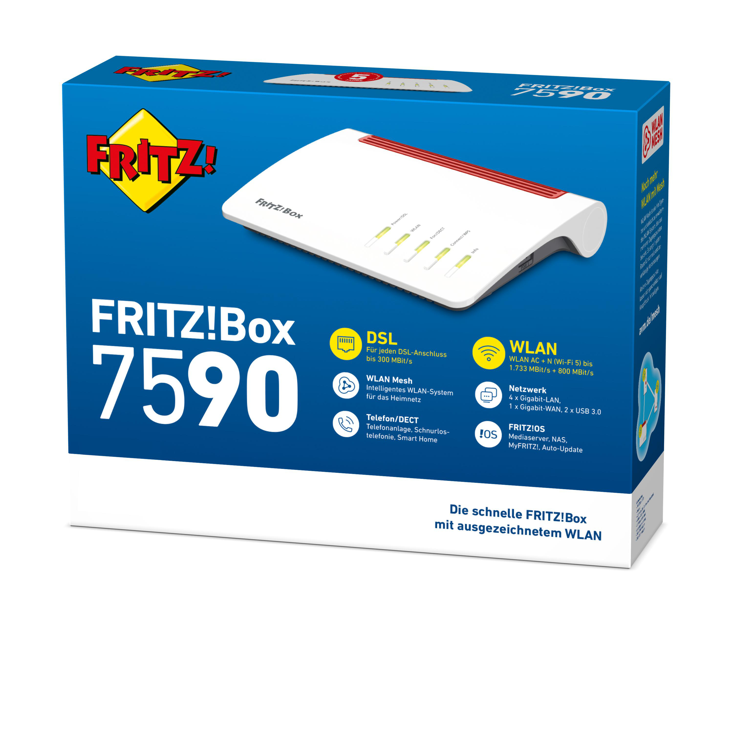 Weiße und rote Fritz!Box Router-Box. Text auf Deutsch. Die Box steht auf weißem Untergrund.