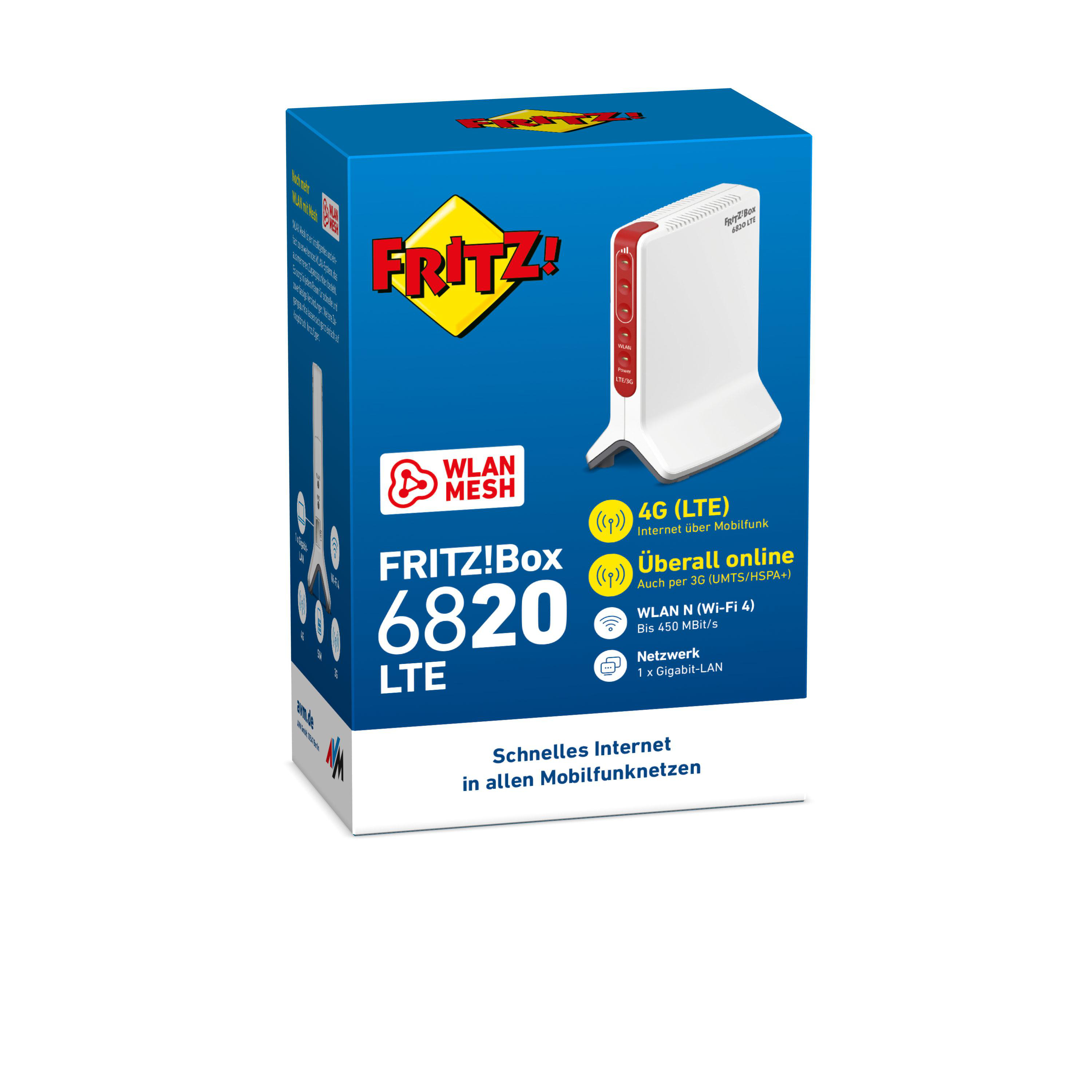 Eine blau-weiße Box mit einem Router-Aufdruck. Der Text "FRITZ!Box 6820 LTE" ist sichtbar.