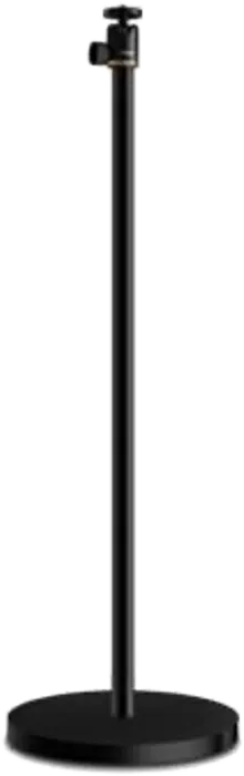 Zwarte microfoonstandaard, verticaal, metalen constructie, ronde voet.