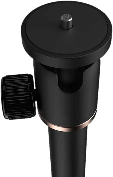 Statiefkop voor camera, zwart met een zilveren ring. Witte achtergrond.