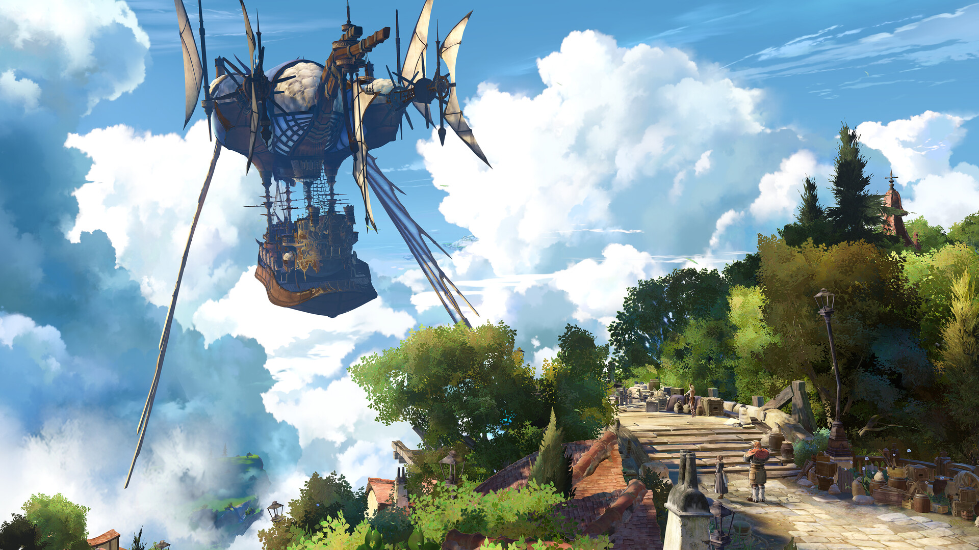 Un dirigibile vola sopra un villaggio e una foresta con nuvole nel cielo in un'illustrazione fantasy.