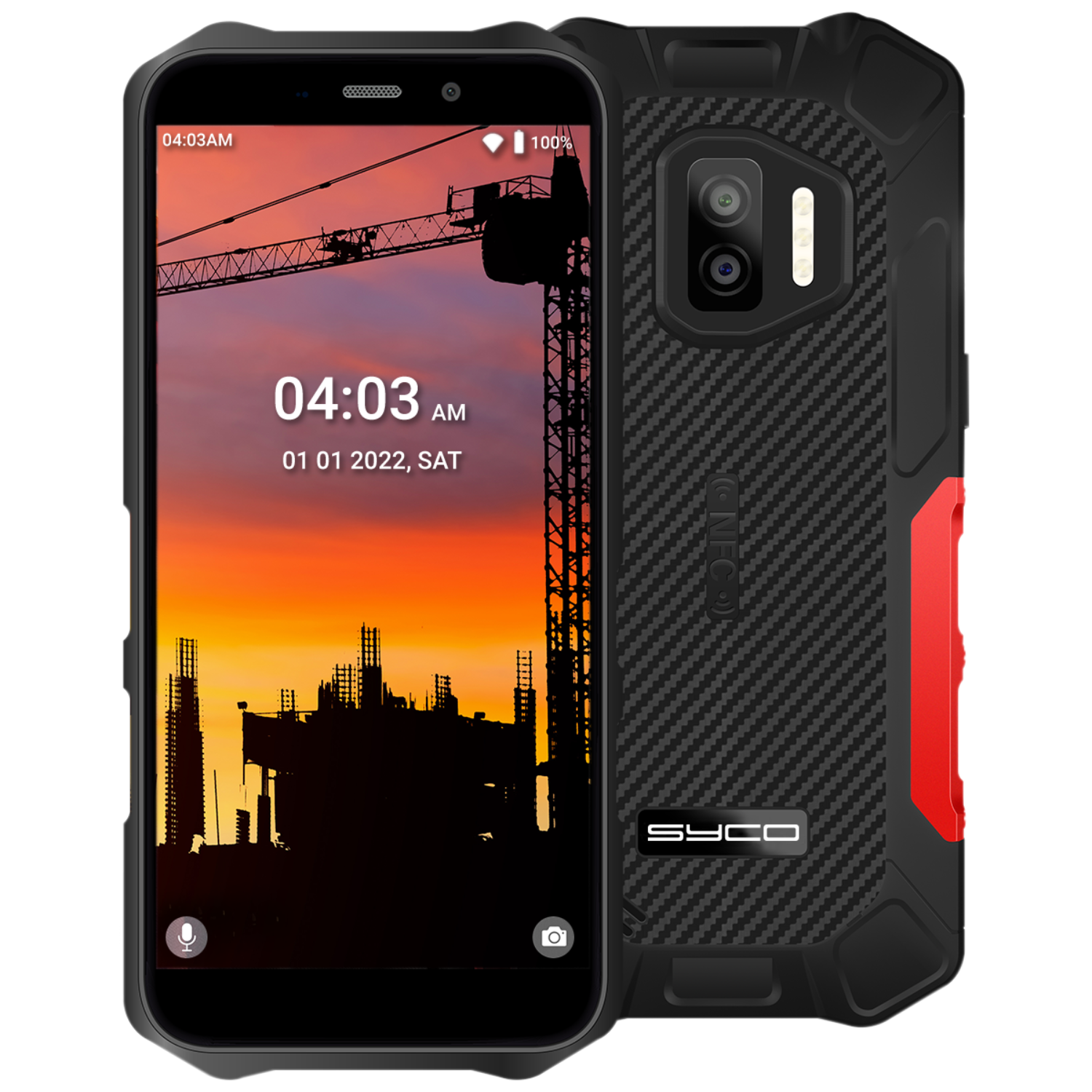 Zwarte smartphone met een bouwplaats op het scherm. De telefoon heeft een robuuste, rode hoes.